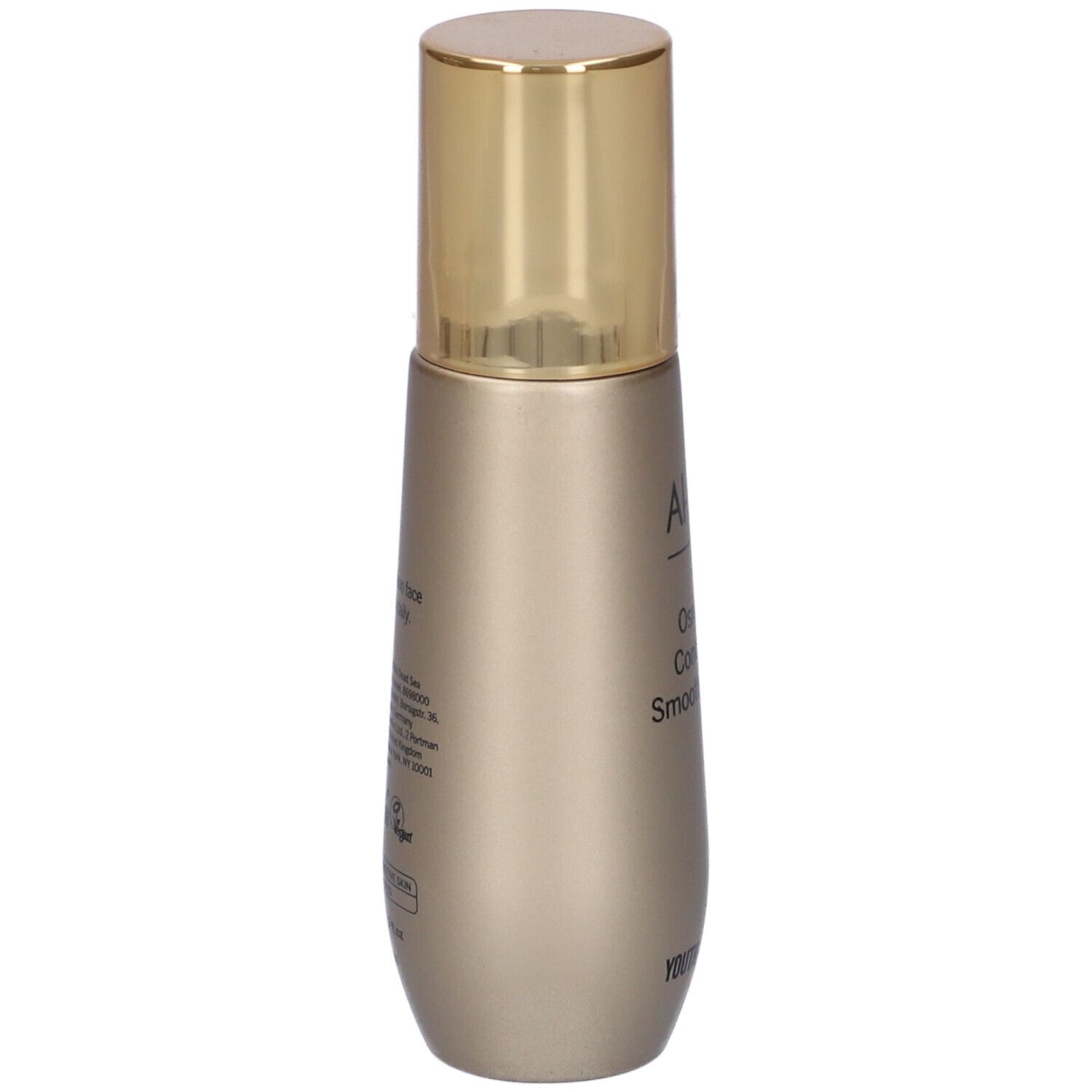 AHAVA Osmoter™ Concentrate Smoothing Lotion. Flacon doré avec bouchon doré. Vue latérale avec texte.