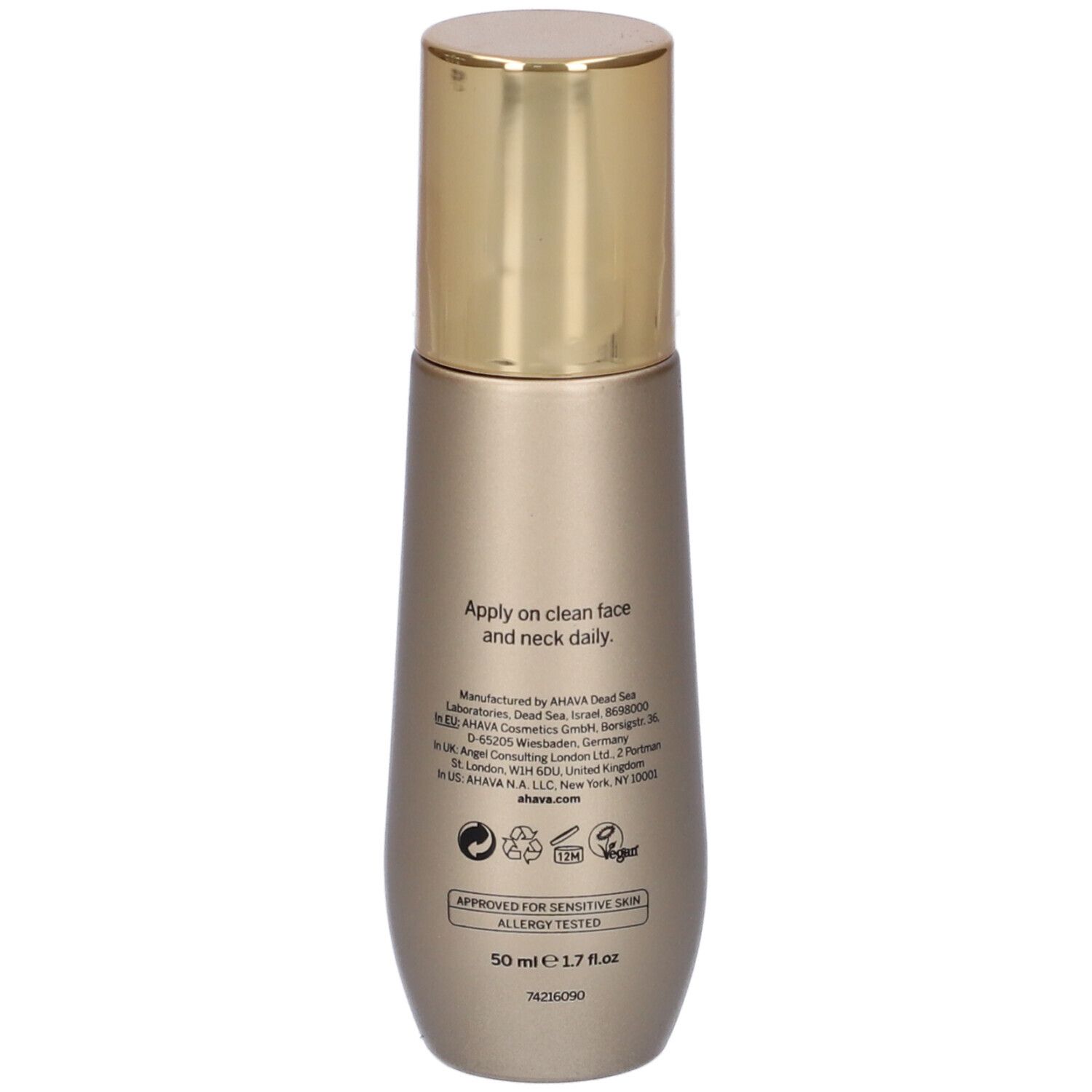 AHAVA Osmoter™ Concentrate Smoothing Lotion. Flacon doré avec bouchon doré. Dos avec texte et logos.