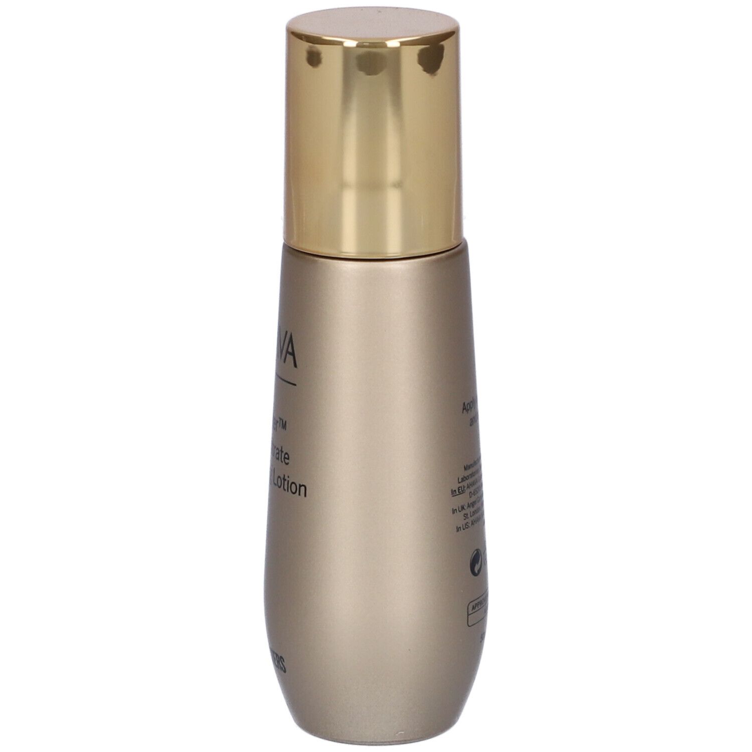 AHAVA Osmoter™ Concentrate Smoothing Lotion. Flacon doré avec bouchon doré. Vue latérale avec texte.