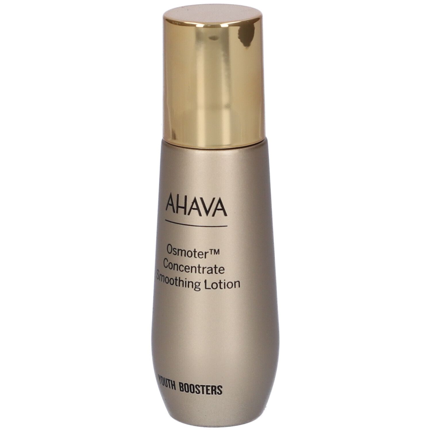 AHAVA Osmoter™ Concentrate Smoothing Lotion. Flacon doré avec bouchon doré. Inscription AHAVA et nom du produit.