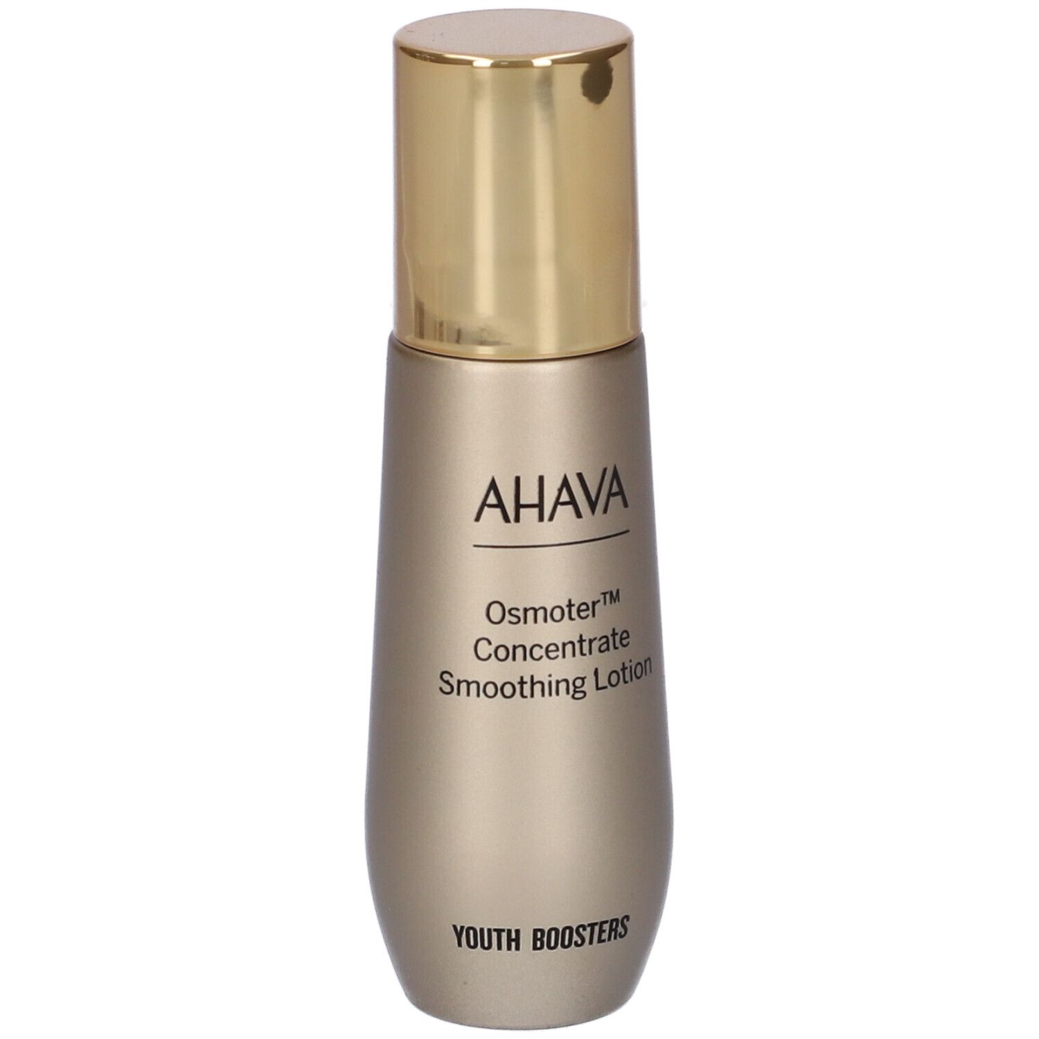 AHAVA Osmoter™ Concentrate Smoothing Lotion. Flacon doré avec bouchon doré. Inscription AHAVA et nom du produit.