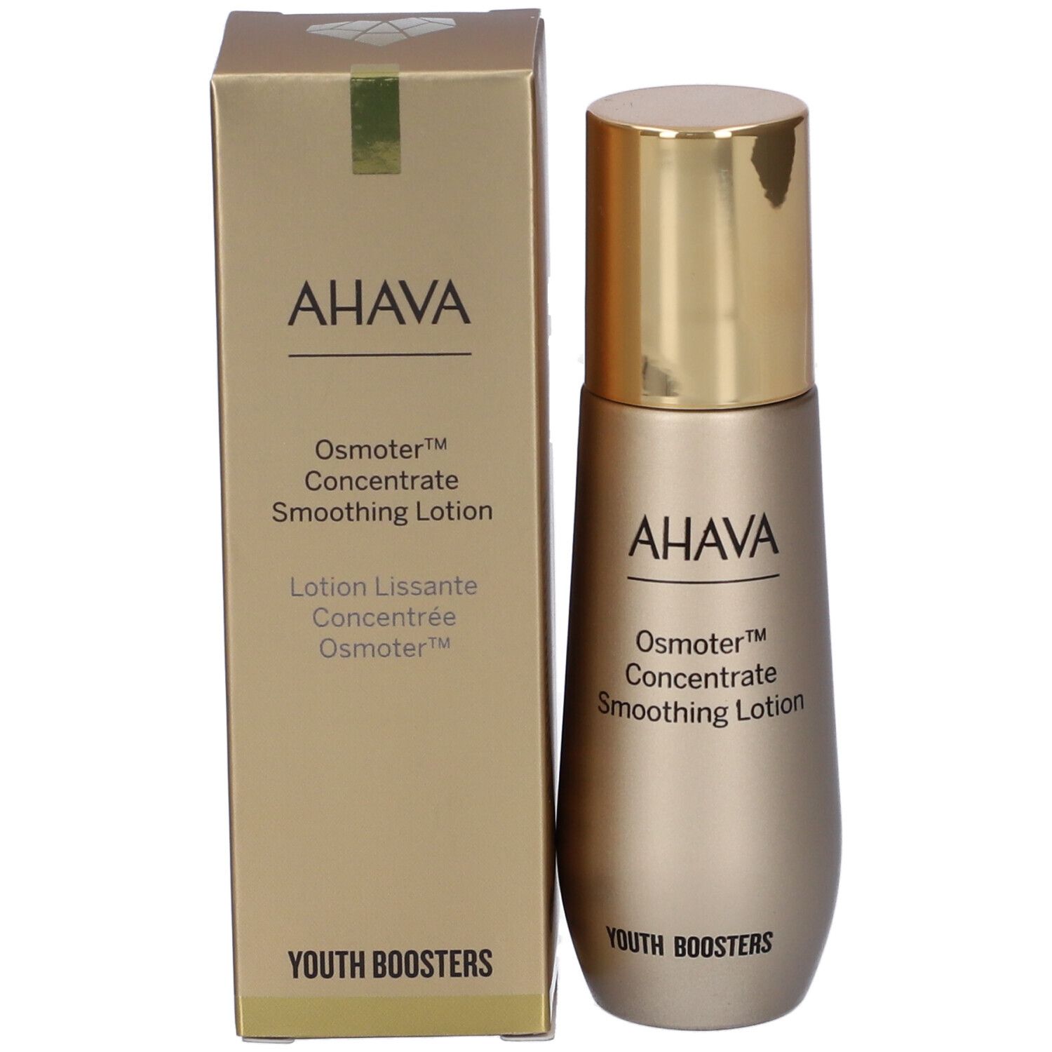 AHAVA Osmoter Concentrated Smoothing Lotion en flacon doré avec boîte. Youth Boosters.
