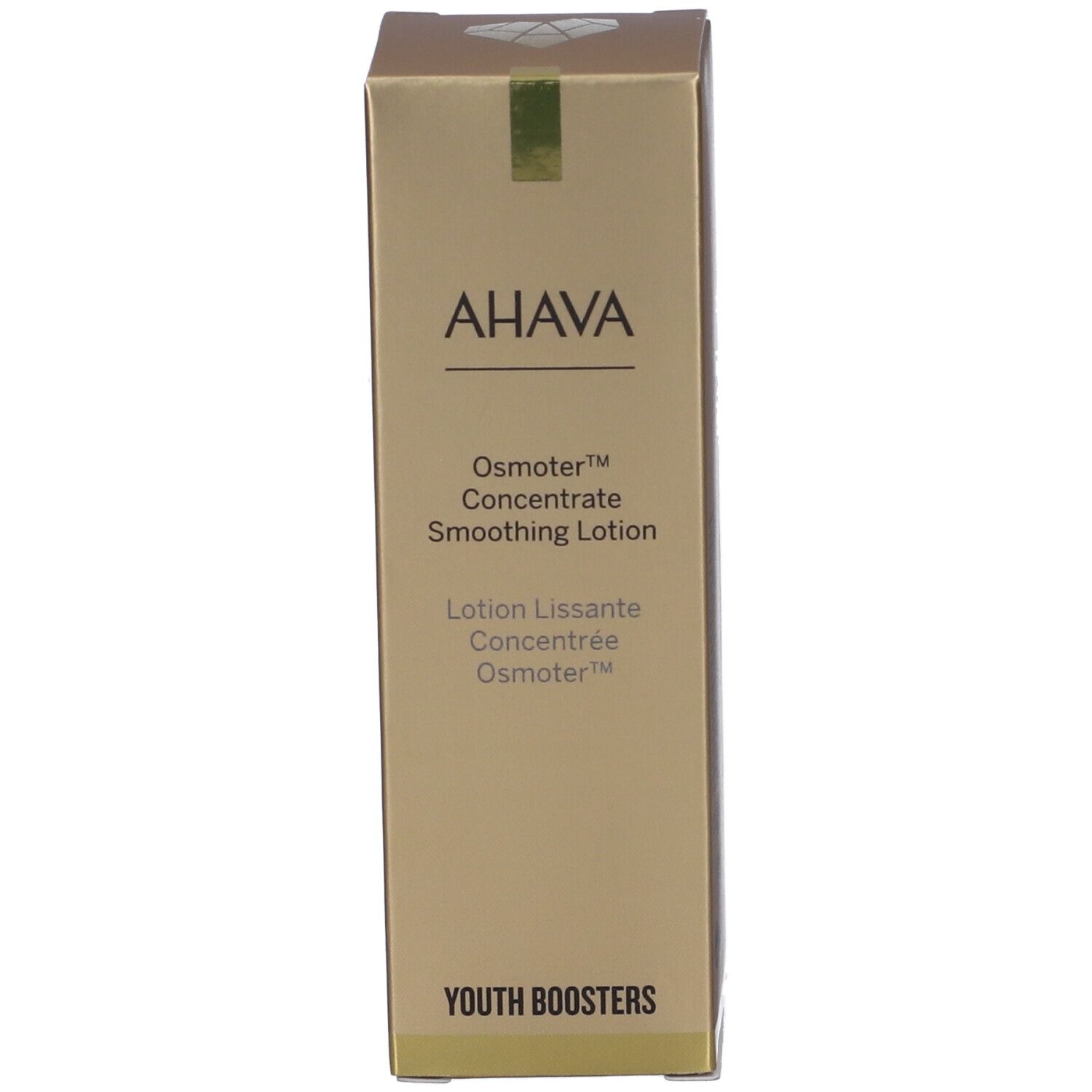 Emballage AHAVA Osmoter™ Concentrate Smoothing Lotion. Boîte dorée. Inscription AHAVA et nom du produit.