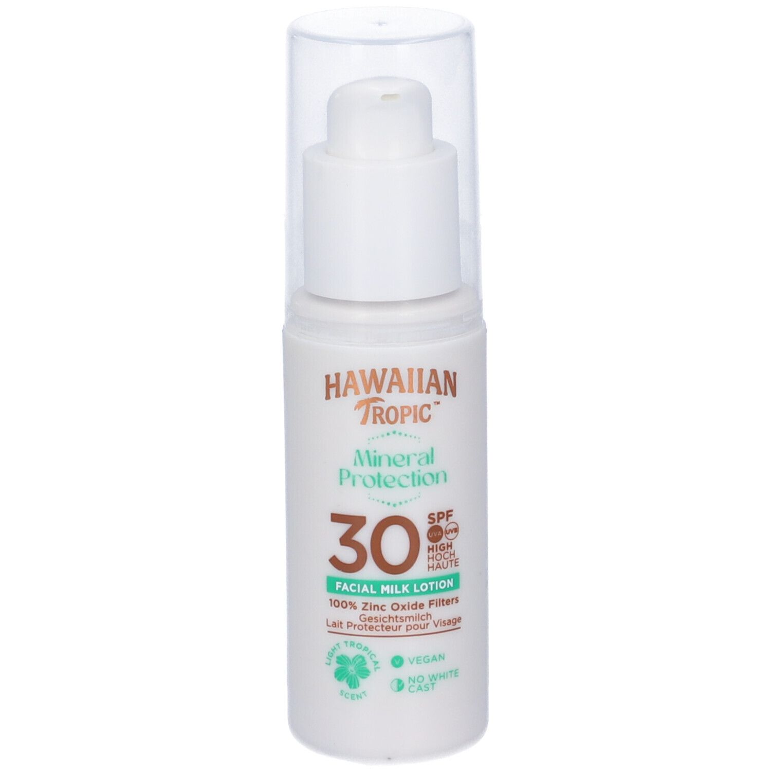 Flacon blanc avec pompe. Inscriptions: Hawaiian Tropic, Mineral Protection, 30 SPF, Facial Milk Lotion. Vegan.