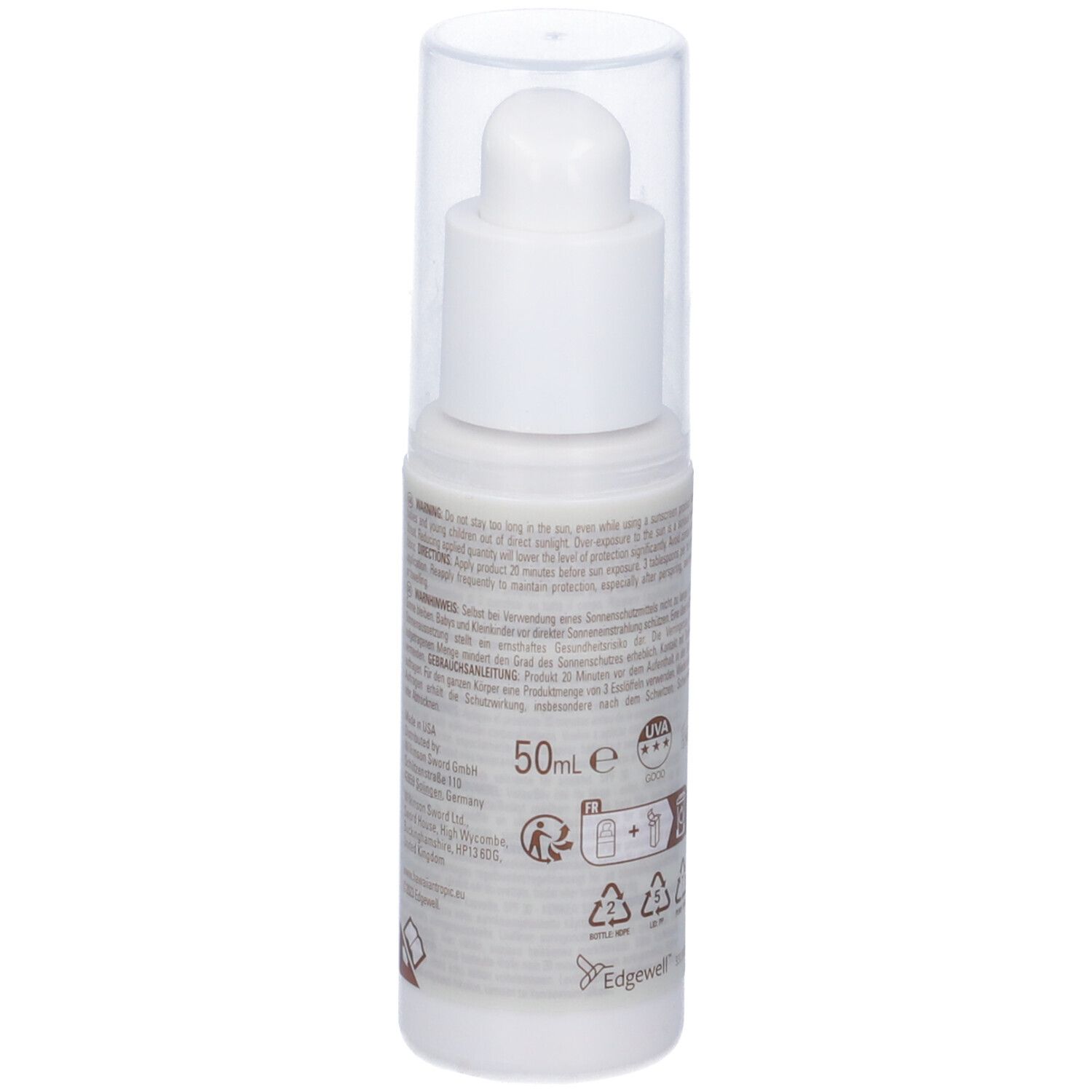 Flacon blanc avec pompe. Dos avec texte et symboles. Volume: 50ml. Consignes de recyclage.