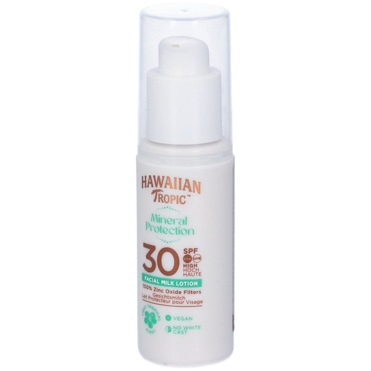 Flacon blanc avec pompe. Inscriptions: Hawaiian Tropic, Mineral Protection, 30 SPF, Facial Milk Lotion. Vegan.