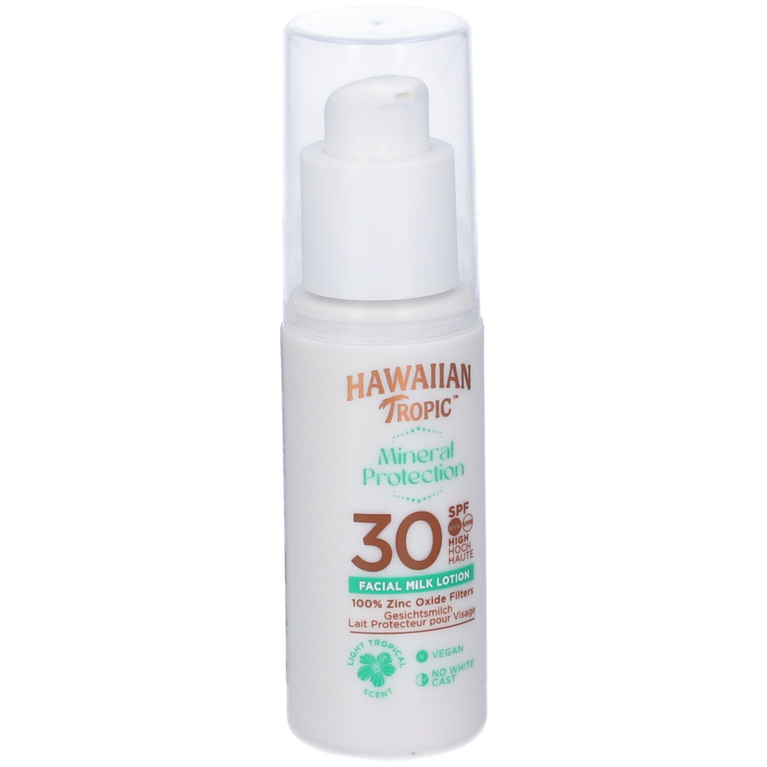 Flacon blanc avec pompe. Inscriptions: Hawaiian Tropic, Mineral Protection, 30 SPF, Facial Milk Lotion. Vegan.