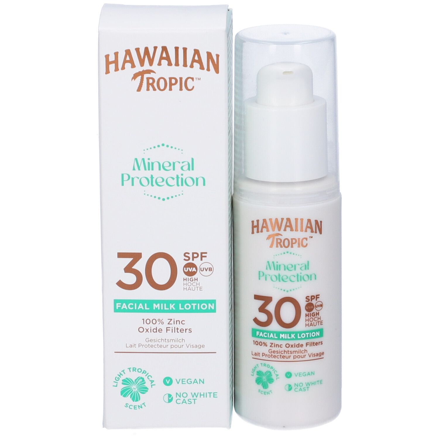 Flacon et emballage. Inscriptions: Hawaiian Tropic, Mineral Protection, 30 SPF, Facial Milk Lotion. Vegan.