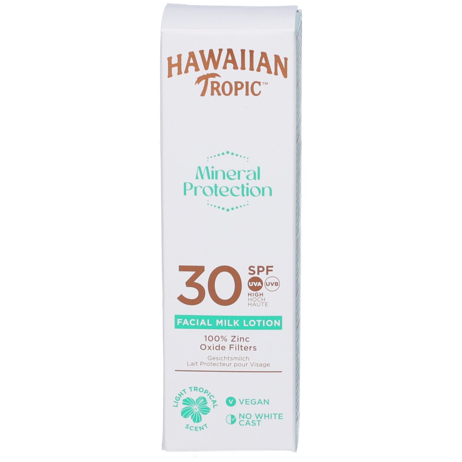 Emballage. Inscriptions: Hawaiian Tropic, Mineral Protection, 30 SPF, Facial Milk Lotion. Vegan.