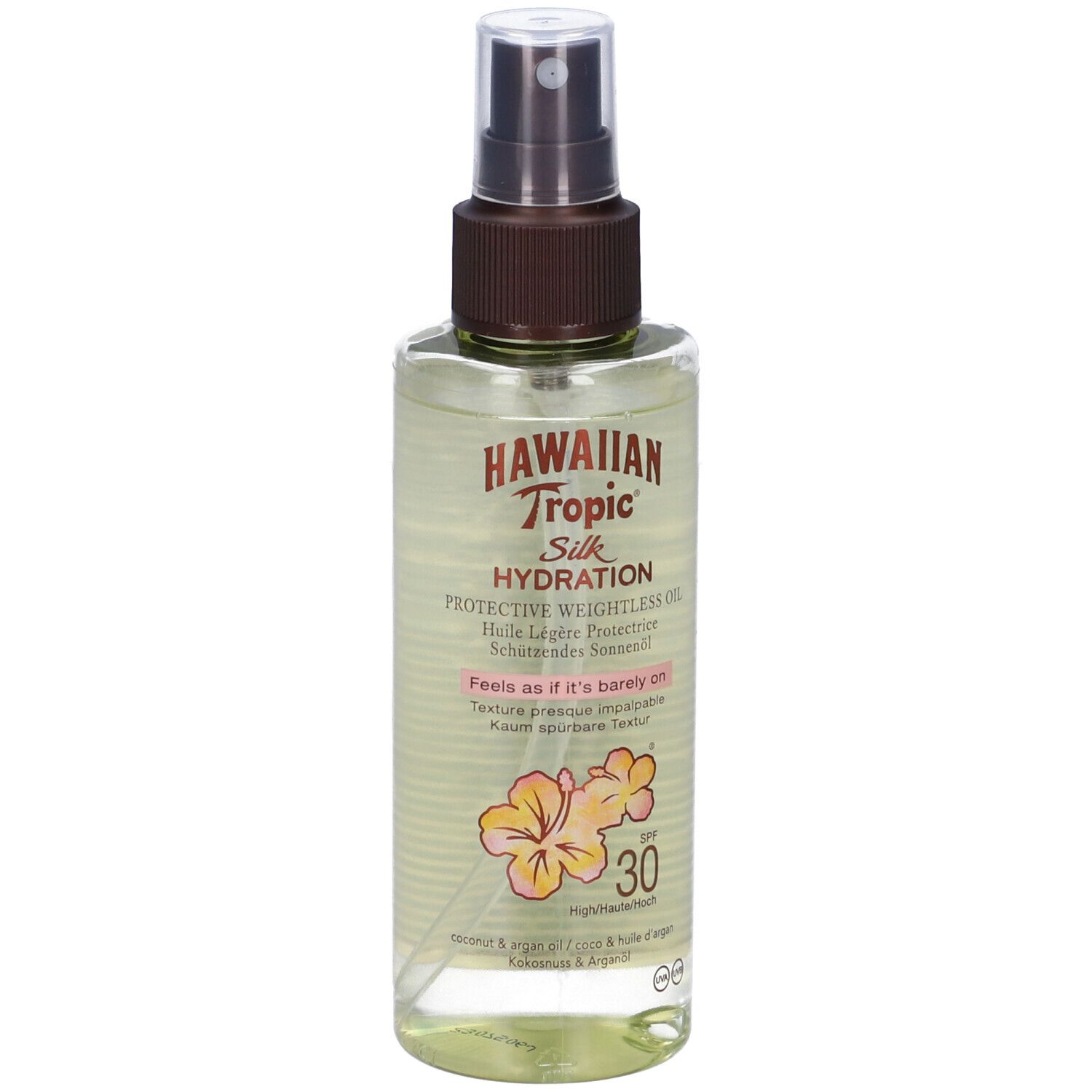 Beschermende olie spray met SPF 30. Transparante fles met bruine sproeikop. Opschrift: Hawaiian Tropic Silk Hydration.