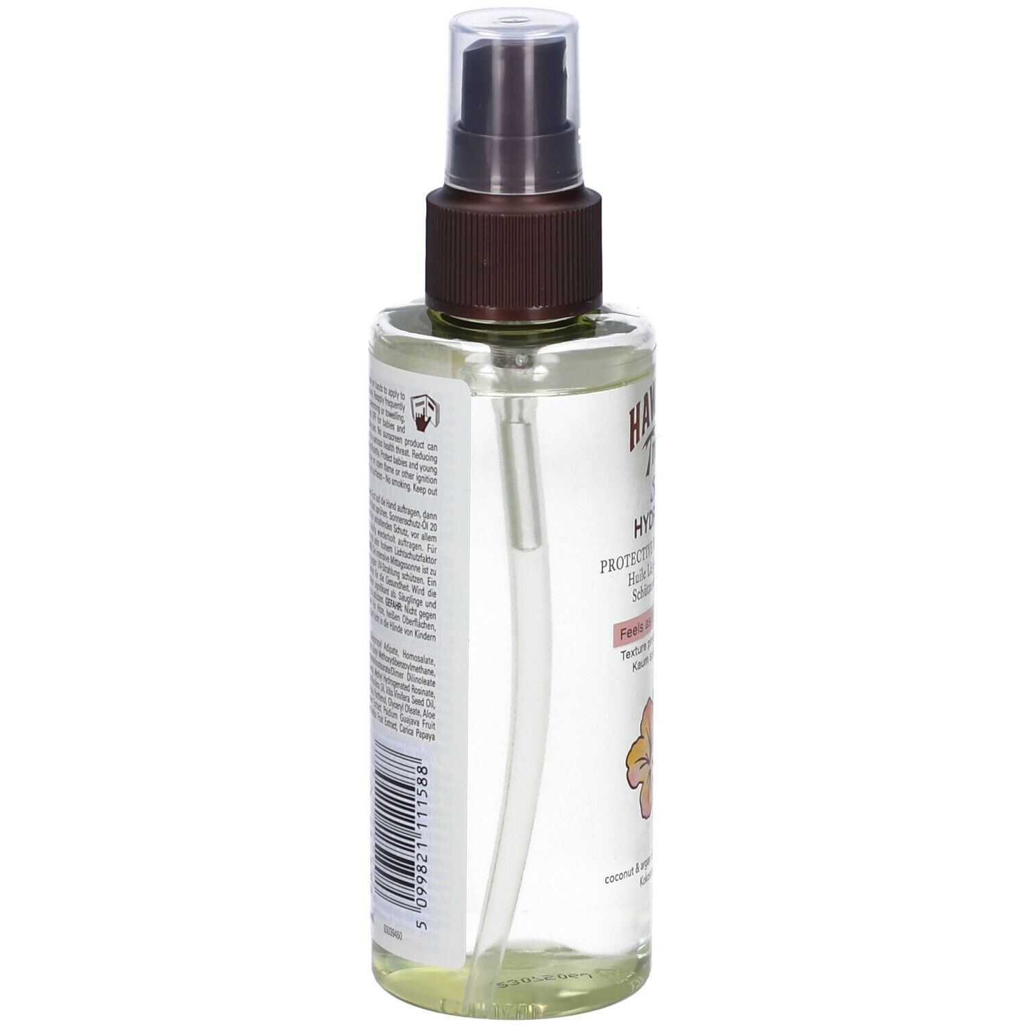 Achteraanzicht van de beschermende olie spray. Transparante fles met sproeikop. Etiket met tekst en barcode.