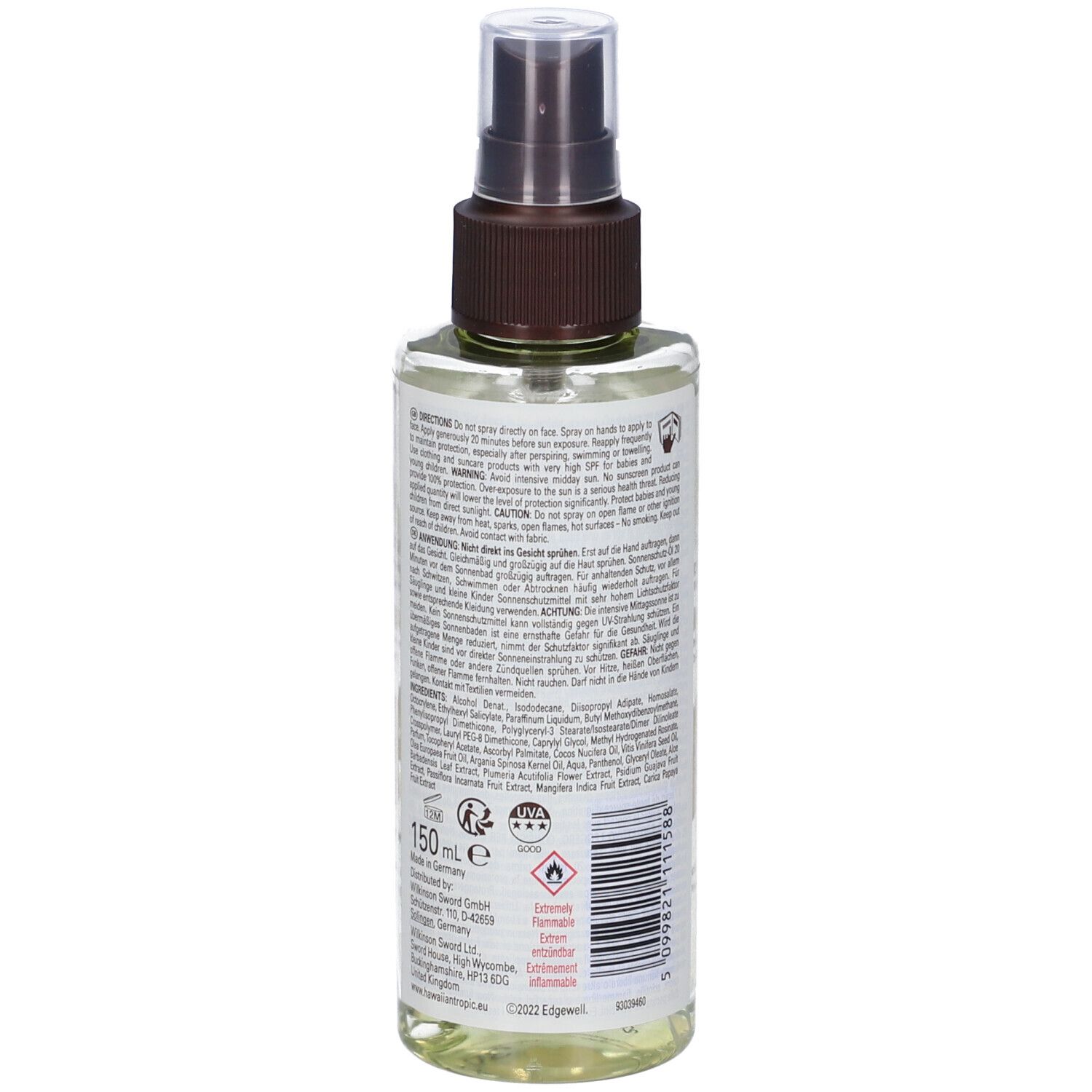 Achteraanzicht van de beschermende olie spray. Etiket met tekst, ingrediënten en waarschuwingen. 150 ml.