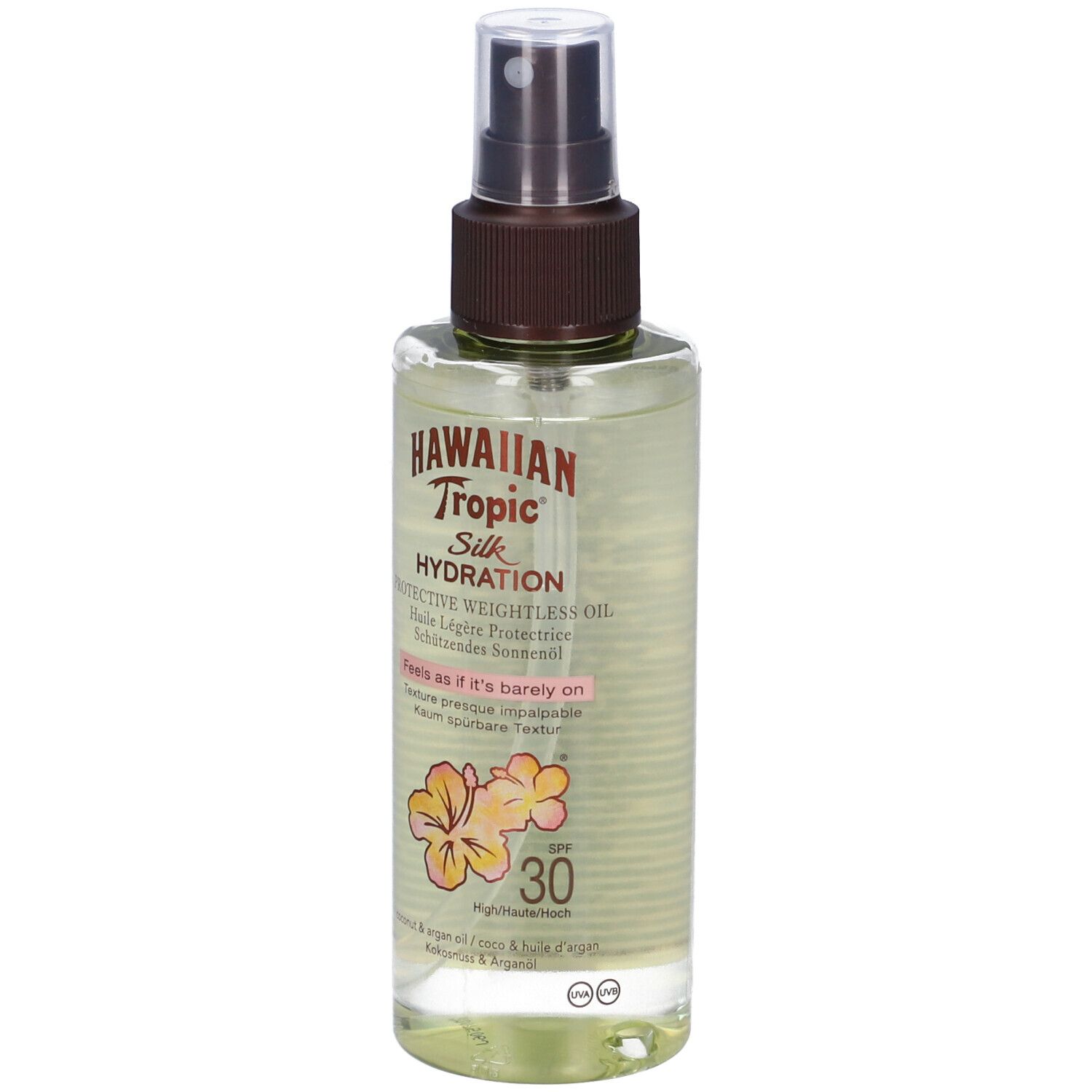 Beschermende olie spray met SPF 30. Transparante fles met bruine sproeikop. Opschrift: Hawaiian Tropic Silk Hydration.