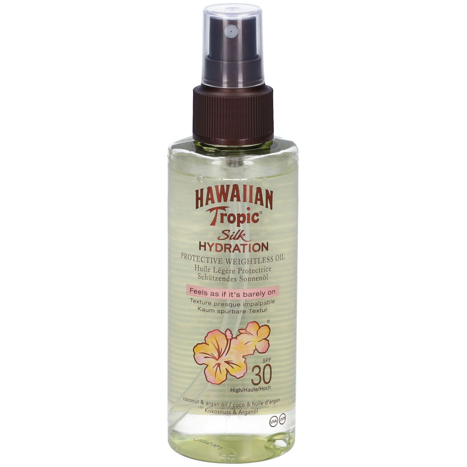 Transparante fles met verstuiver. Opschrift: Hawaiian Tropic Silk Hydration Protective Weightless Oil SPF30.