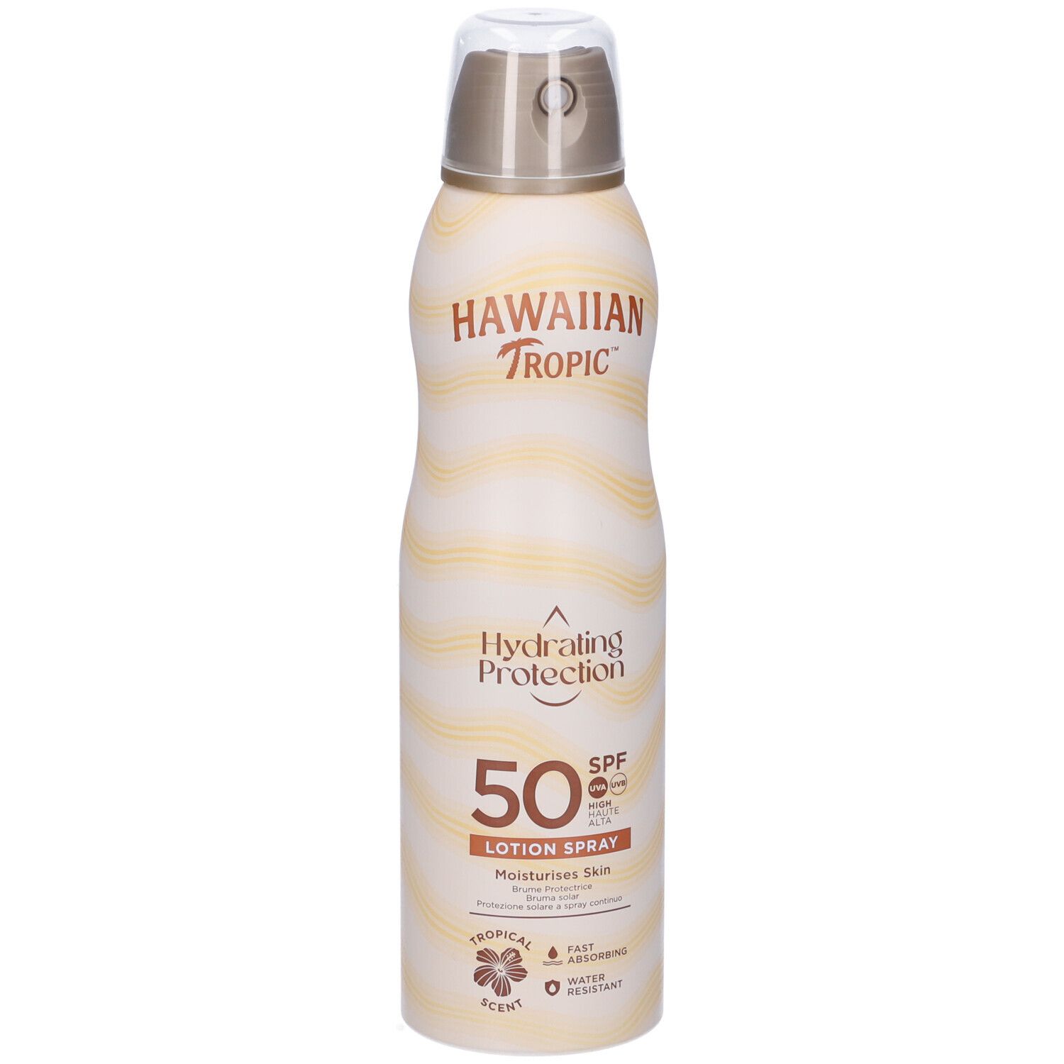 Hawaiian Tropic SPF 50 zonnebrandspray. Witte fles met gele en bruine golven. Spuitkop. Tekst: Hydrating Protection, Lotion Spray.