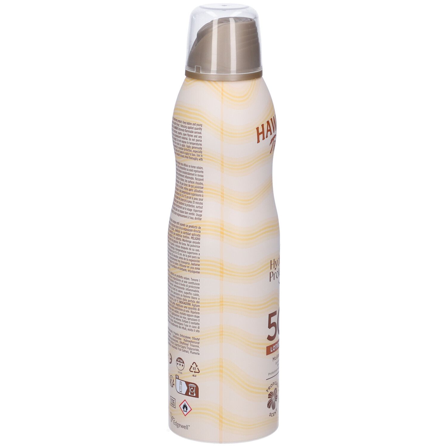 Achterkant van de zonnebrandsprayfles. Witte fles met gele golven. Tekst en symbolen. Fabrikantinformatie.