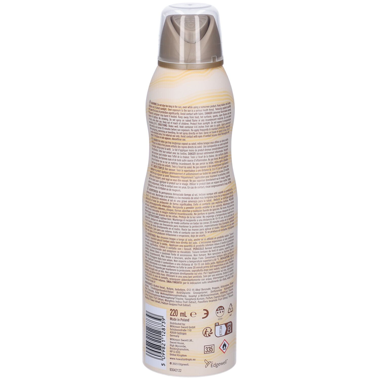 Achterkant van de zonnebrandsprayfles. Witte fles met gele golven. Tekst en symbolen. Volume: 220 ml.