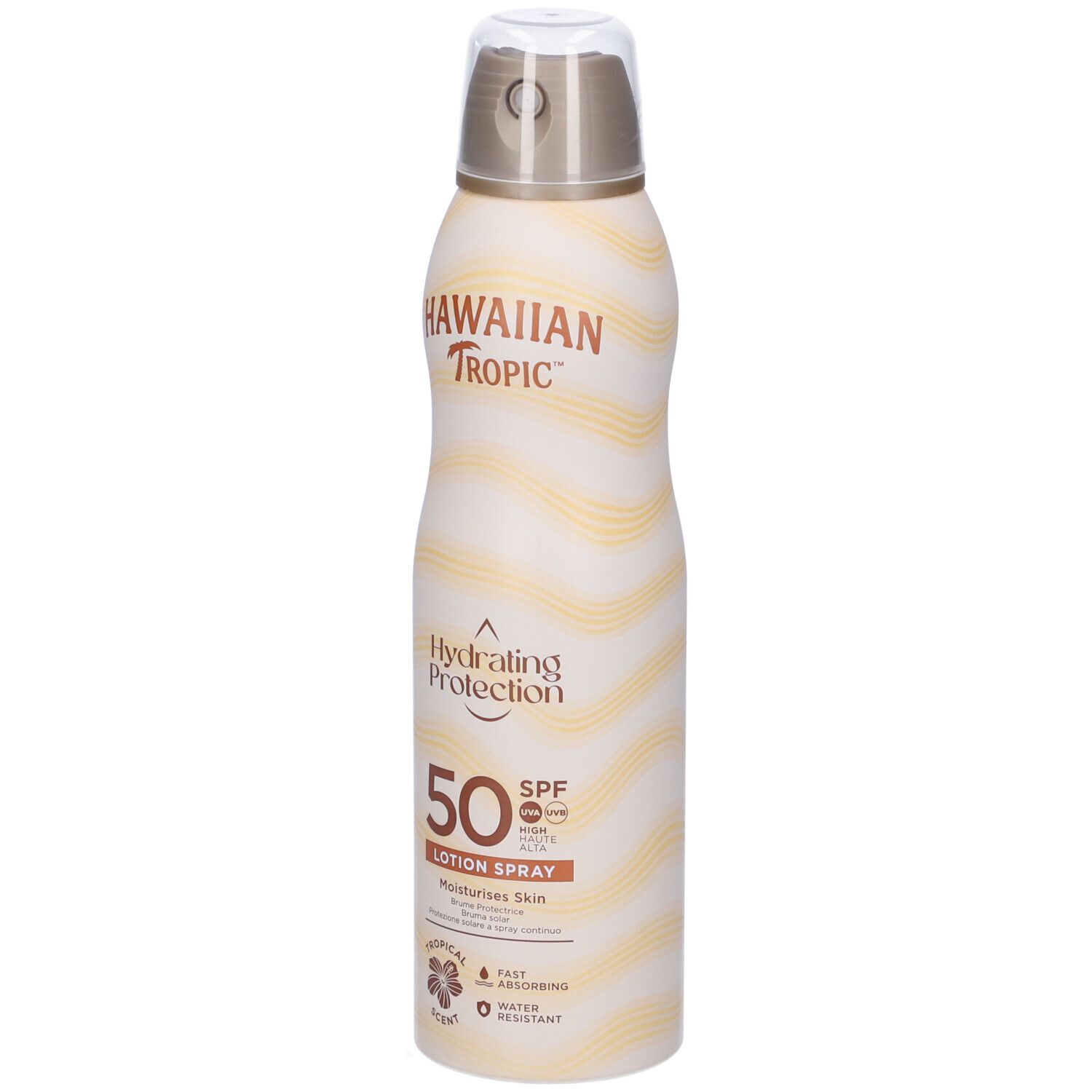 Zonnespray SPF 50. Merk: Hawaiian Tropic. Fles met sproeikop. Golfvormig ontwerp. Tekst: Hydrating Protection, Lotion Spray.
