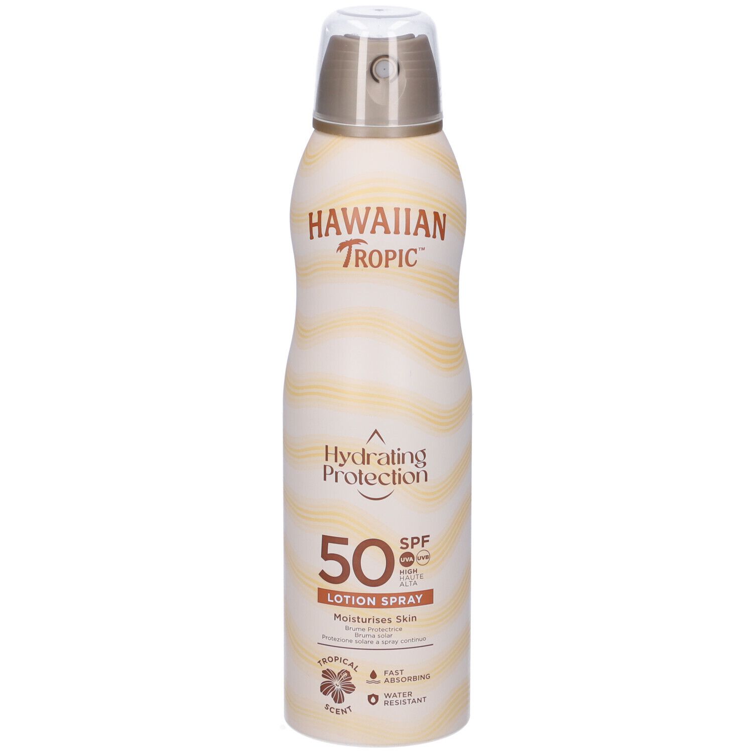 Hawaiian Tropic SPF 50 zonnebrandspray. Witte fles met gele en bruine golven. Spuitkop. Tekst: Hydrating Protection, Lotion Spray.