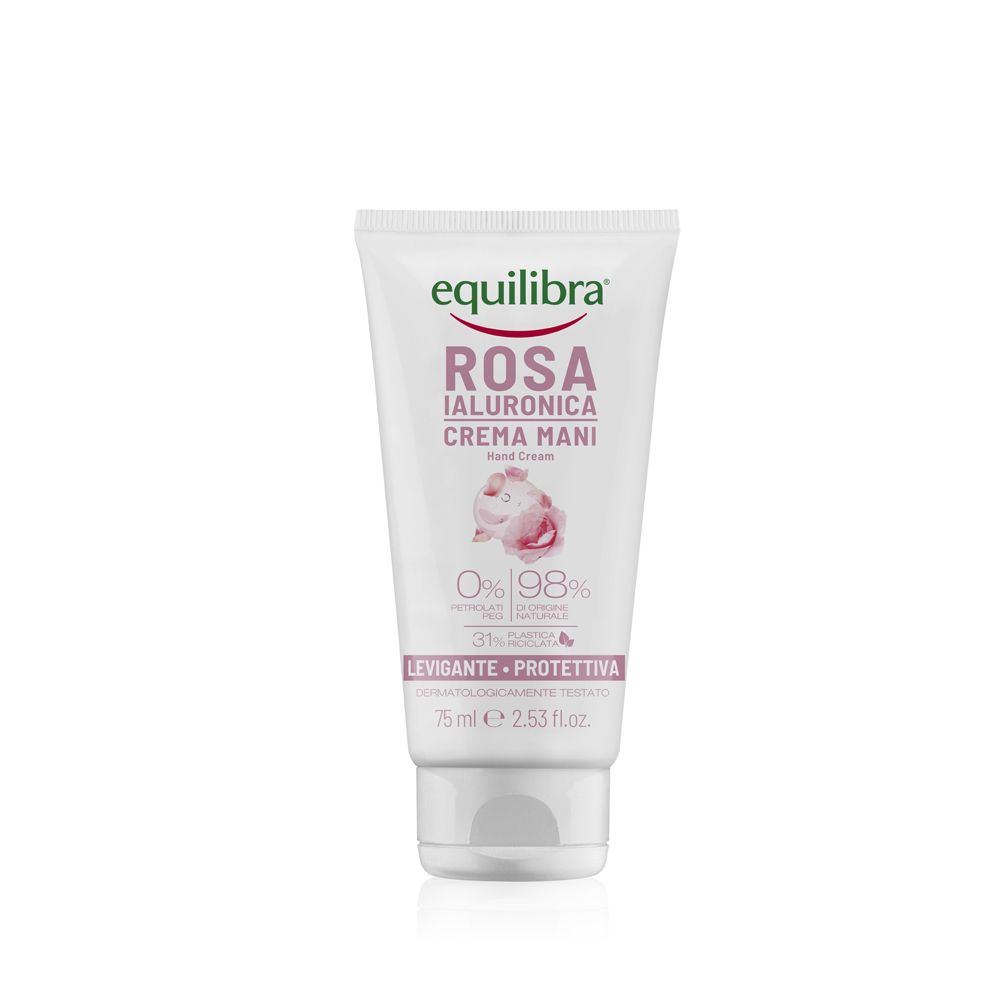 Equilibra Rosa Ialuronica Crema Mani tube. Wit, roze tekst en bloemafbeelding. 75 ml.
