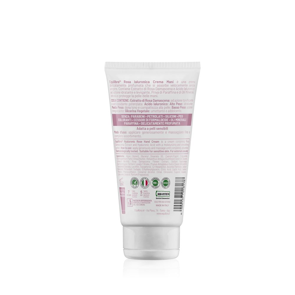 Achterkant van de Equilibra Rosa Ialuronica Crema Mani tube. Tekst, ingrediënten, certificeringen.