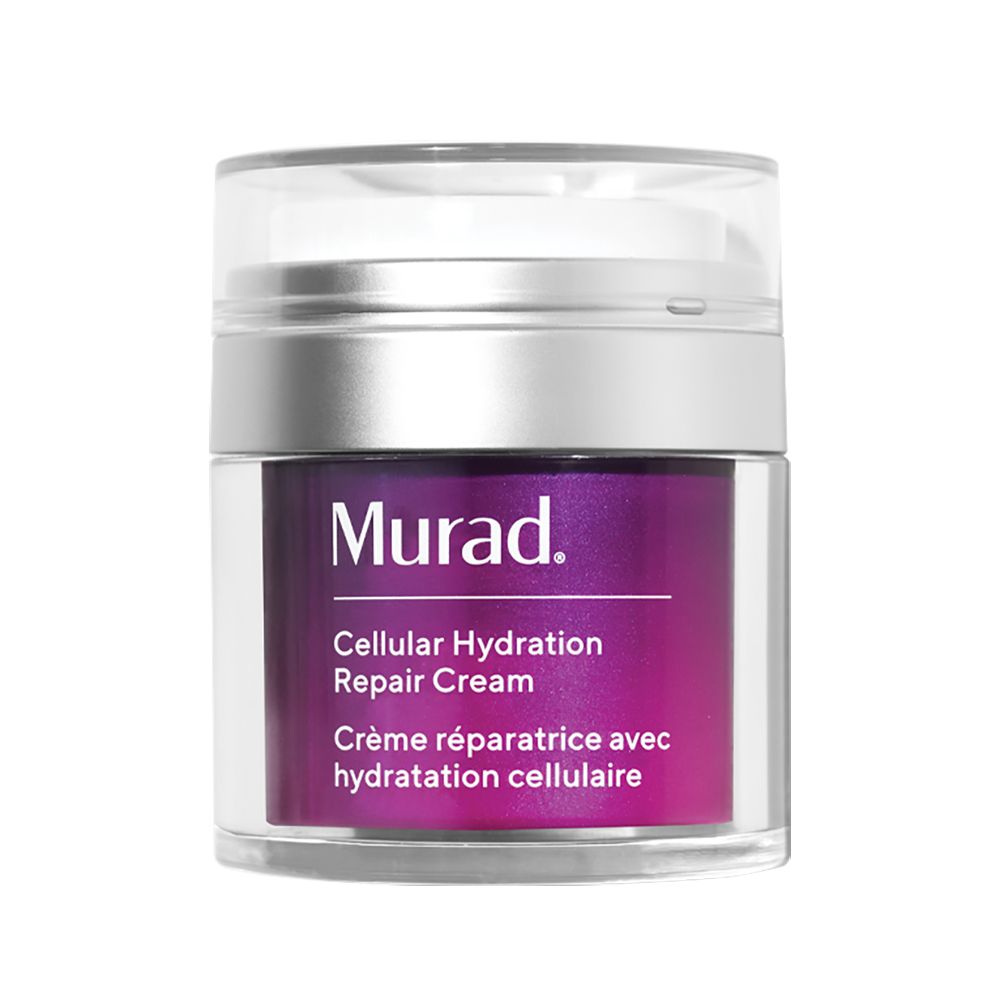 Pot cylindrique avec couvercle argenté. Inscription: Murad Cellular Hydration Repair Cream. Couleur violette du produit visible.