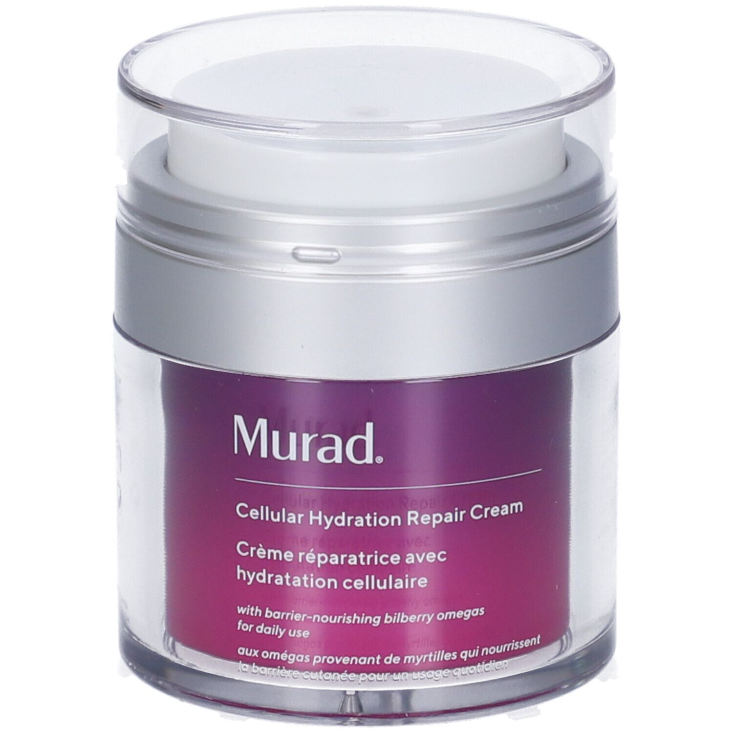 Pot cylindrique avec couvercle argenté. Inscription: Murad Cellular Hydration Repair Cream. Couleur violette du produit visible.