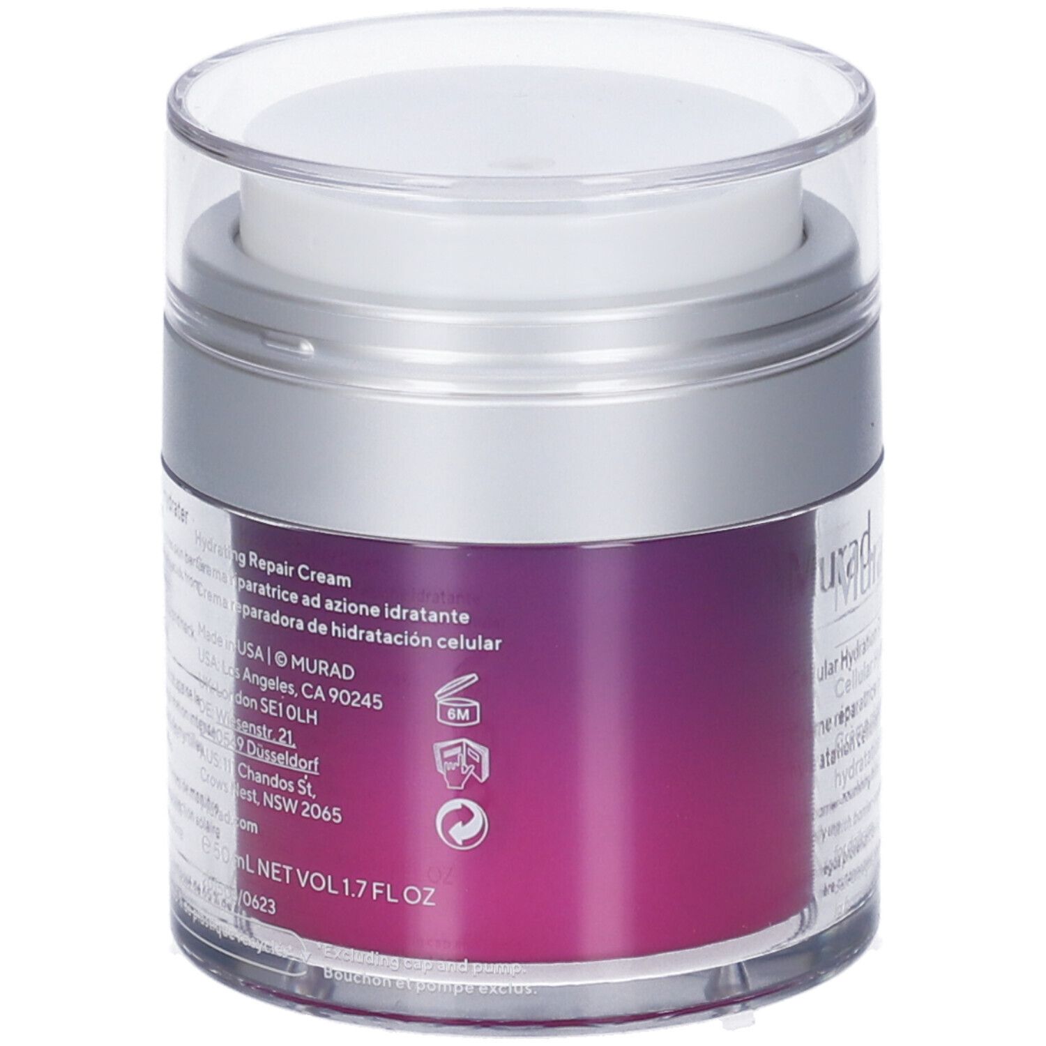 Dos du pot. Informations textuelles et logos. Couleur violette du produit visible.