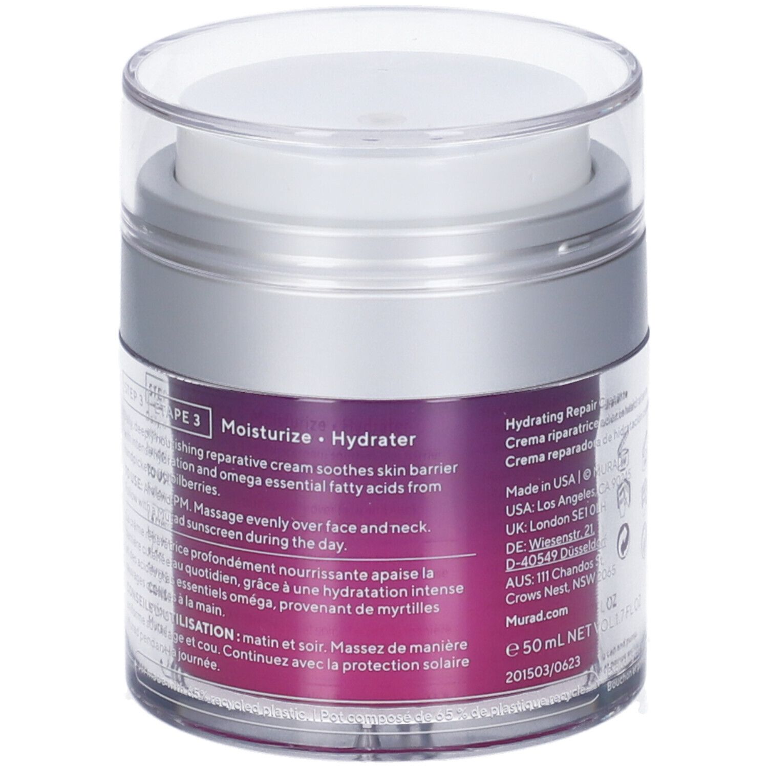Dos du pot. Informations textuelles et logos. Couleur violette du produit visible.