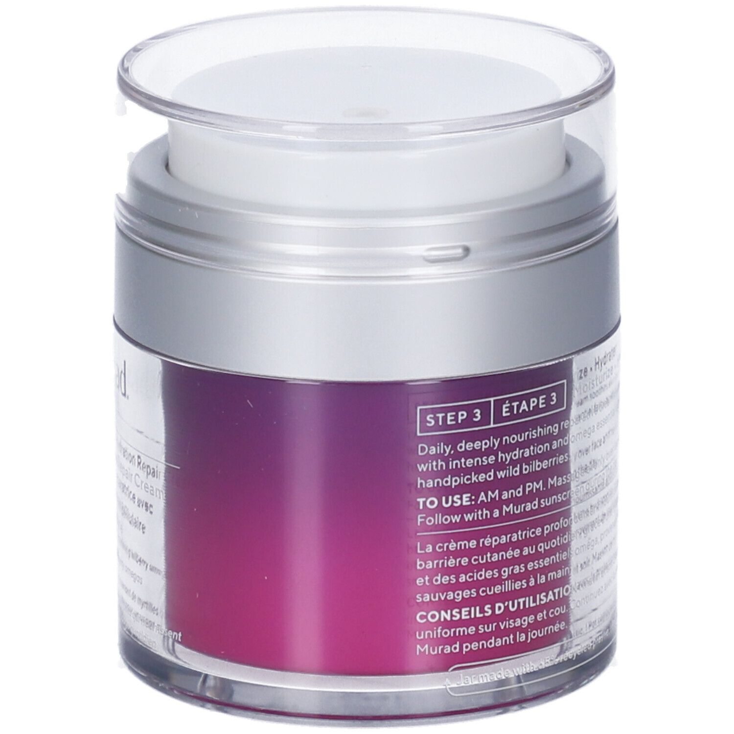 Dos du pot. Informations textuelles et logos. Couleur violette du produit visible.