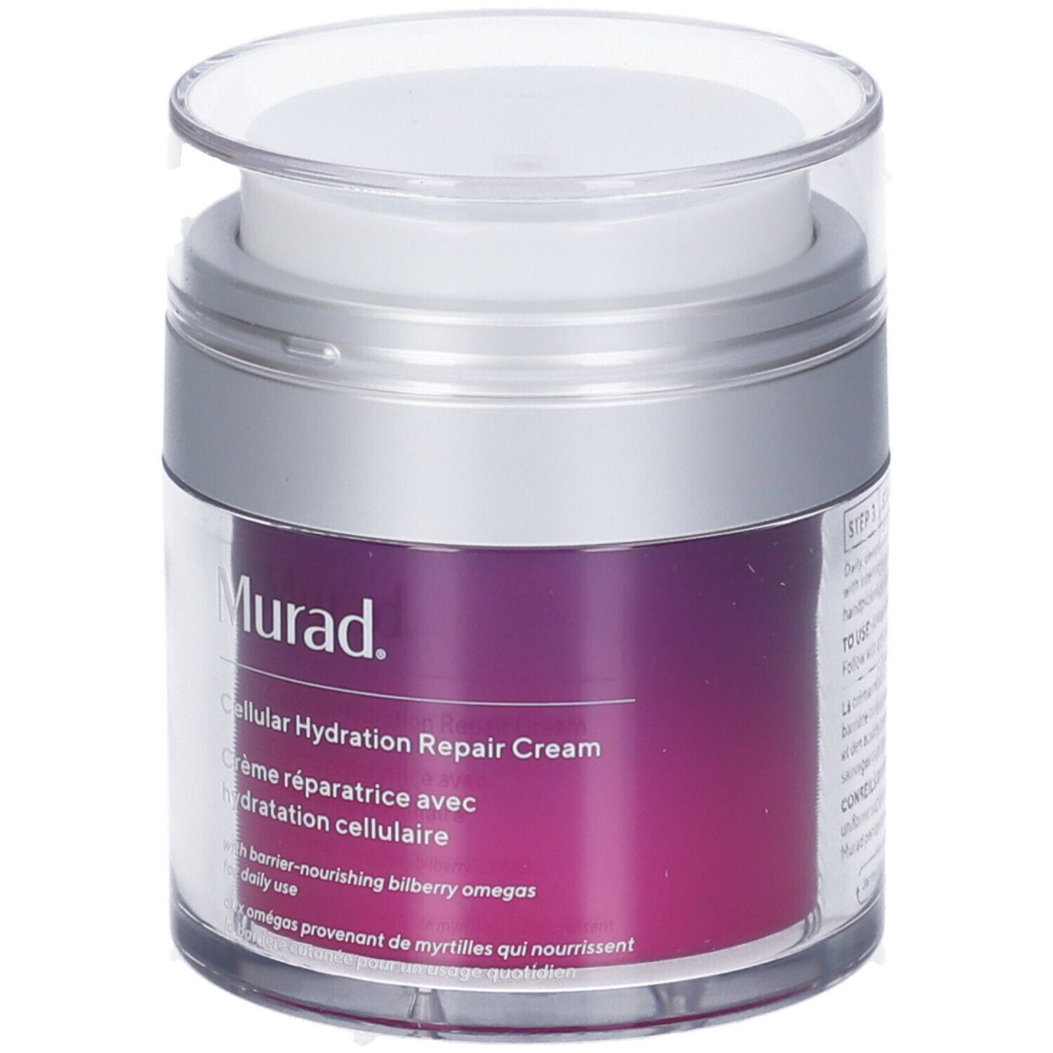 Pot cylindrique avec couvercle argenté. Inscription: Murad Cellular Hydration Repair Cream. Couleur violette du produit visible.
