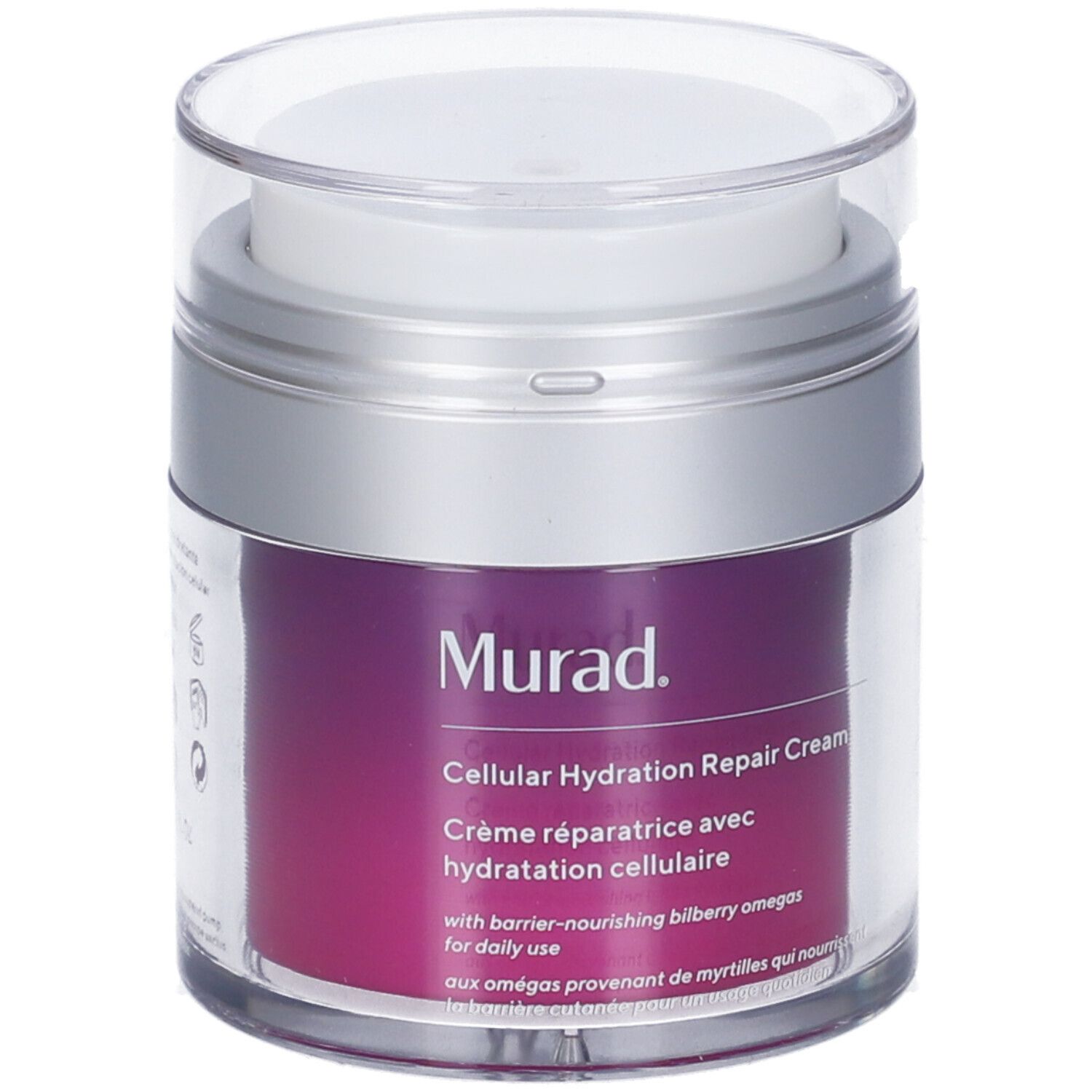 Pot cylindrique avec couvercle argenté. Inscription: Murad Cellular Hydration Repair Cream. Couleur violette du produit visible.
