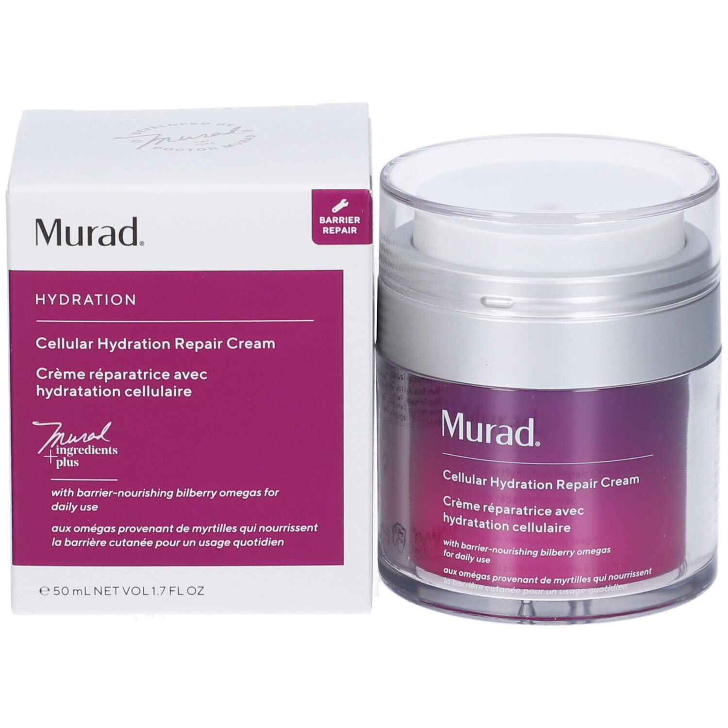 Emballage du produit et pot. Inscription: Murad Cellular Hydration Repair Cream. Couleur violette du produit visible.
