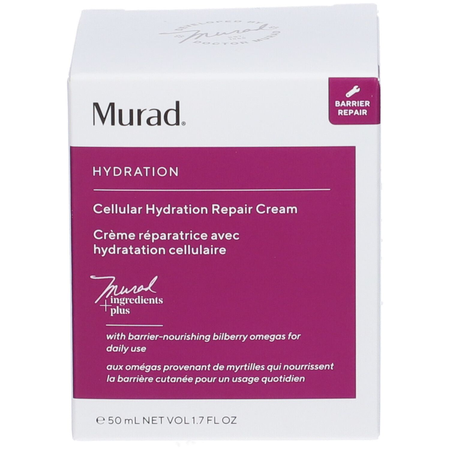 Emballage du produit. Inscription: Murad Cellular Hydration Repair Cream. Couleur violette du produit visible.