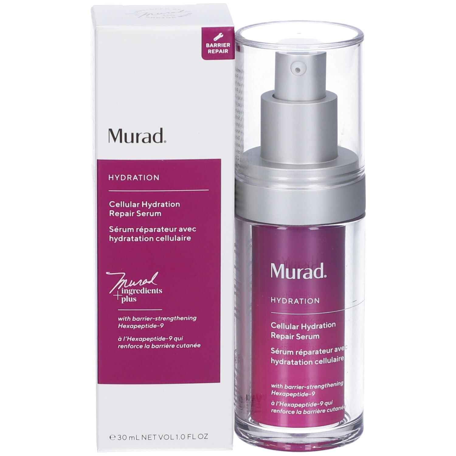 Flacon de sérum et emballage Murad. Inscription: Hydration, Cellular Hydration Repair Serum. Avec pompe doseuse.