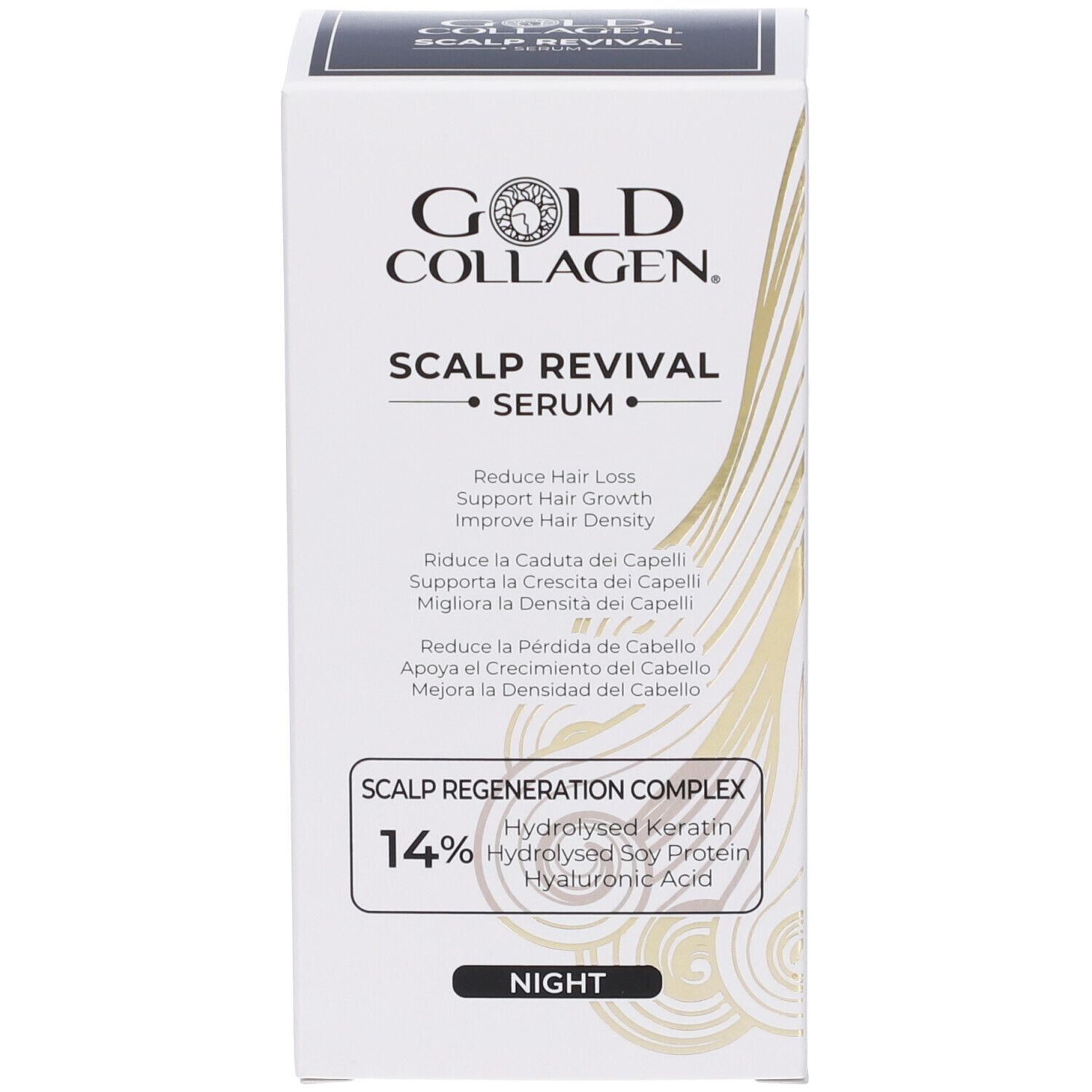 Witte doos met opschrift: GOLD COLLAGEN. SCALP REVIVAL SERUM. Vermindert haaruitval.