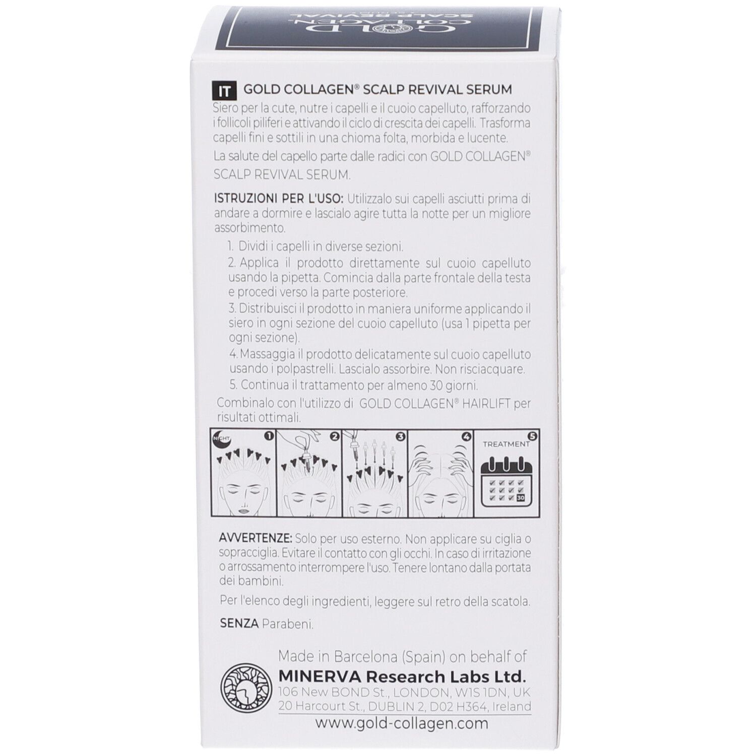 Achterkant van de doos. Italiaanse tekst: GOLD COLLAGEN SCALP REVIVAL SERUM. Gebruiksaanwijzing, ingrediënten.