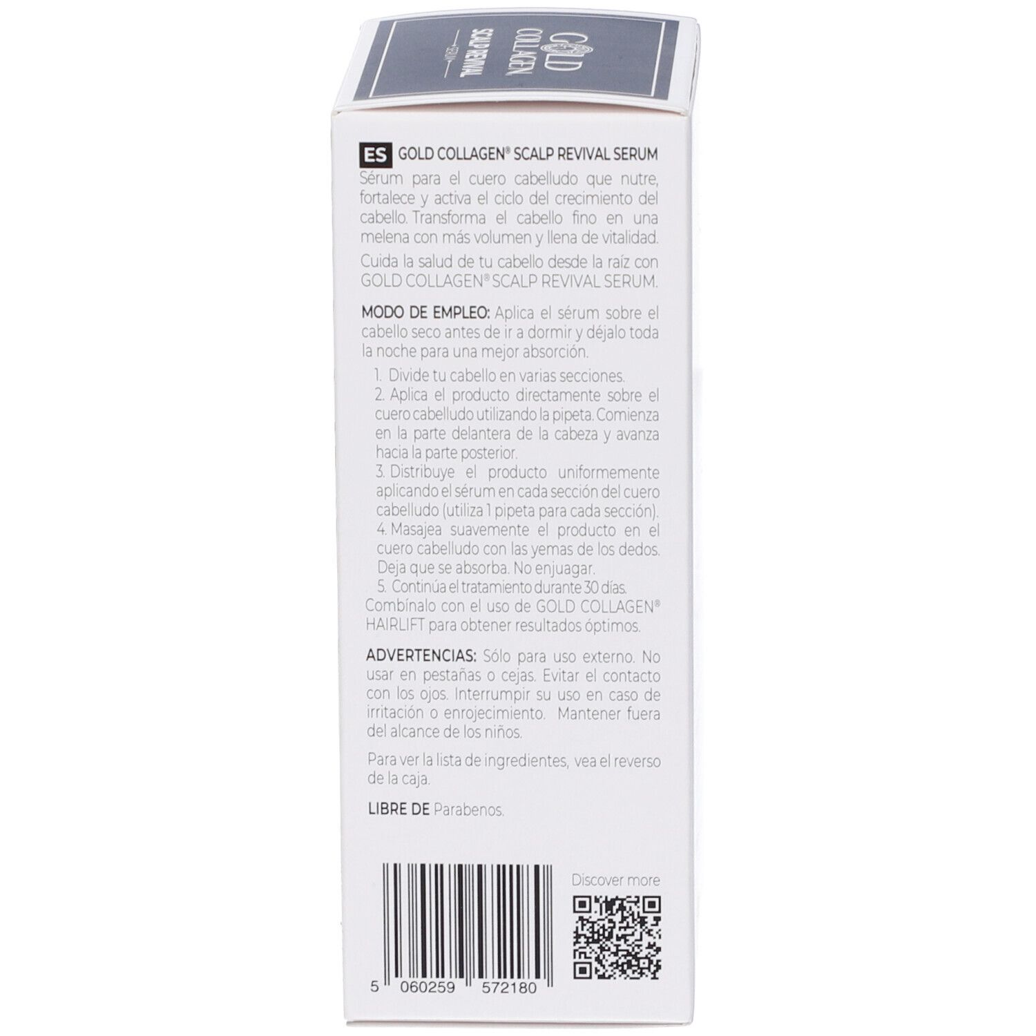 Achterkant van de doos. Spaanse tekst: GOLD COLLAGEN SCALP REVIVAL SERUM. Gebruiksaanwijzing, ingrediënten.