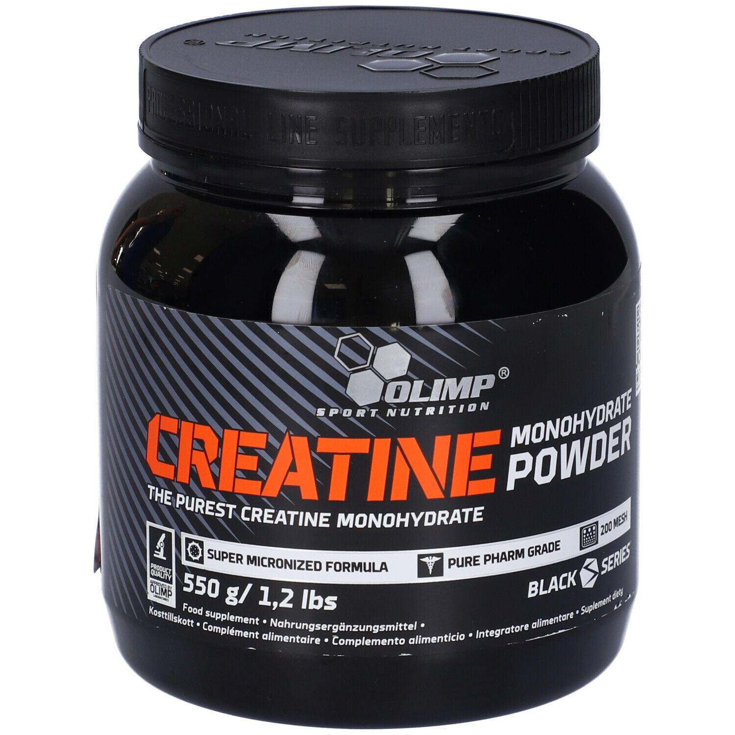 Pot noir de poudre Olimp Creatine Monohydrate. Inscription orange. 550 g/1,2 lbs. Série noire.