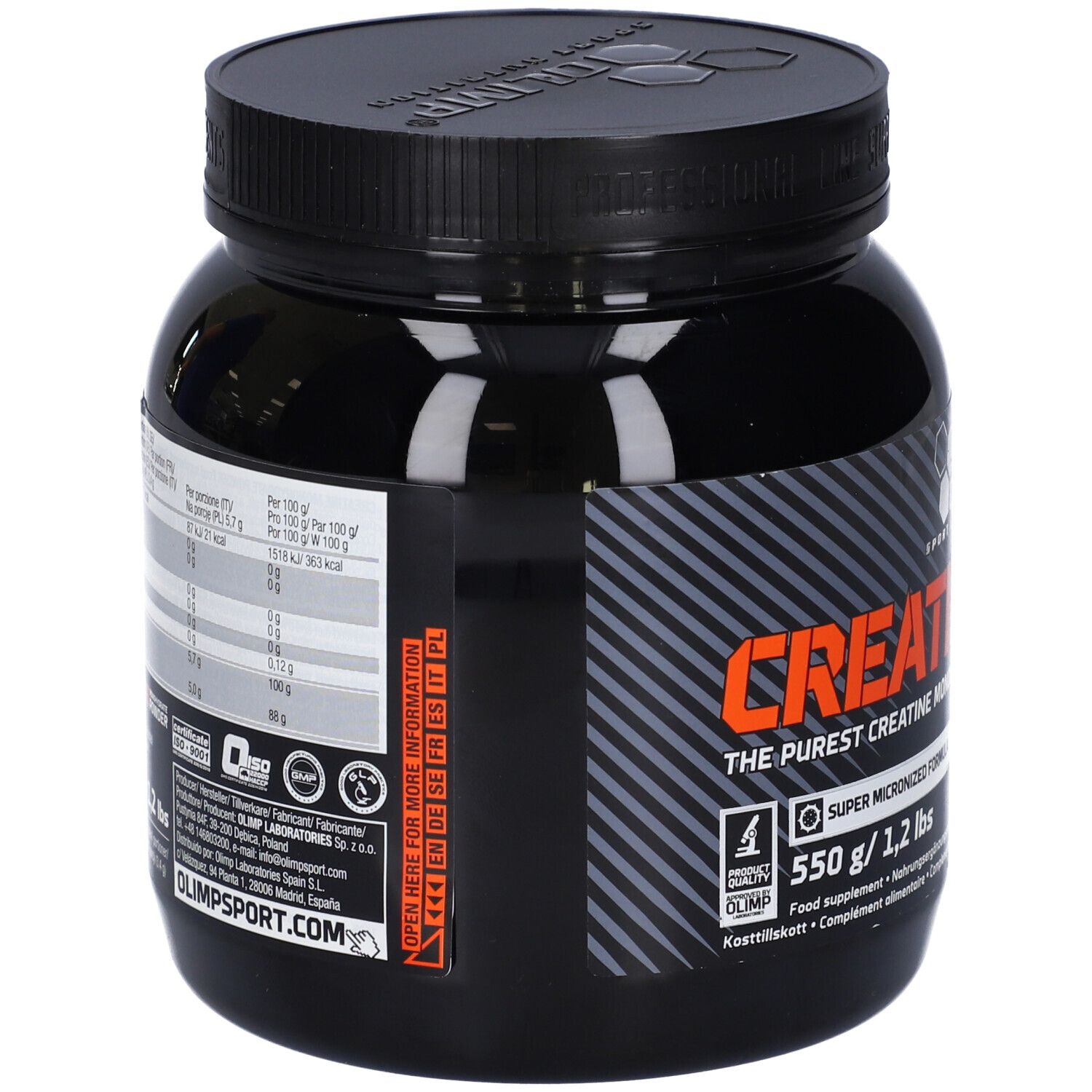 Pot noir de poudre Olimp Creatine Monohydrate. Dos avec informations nutritionnelles. 550 g/1,2 lbs.