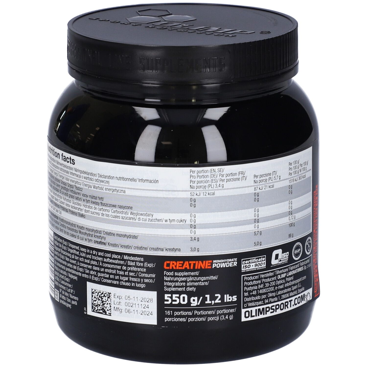 Pot noir de poudre Olimp Creatine Monohydrate. Dos avec informations nutritionnelles et certification ISO.
