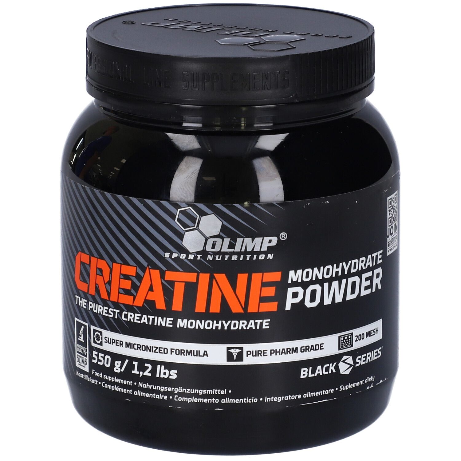 Pot noir de poudre Olimp Creatine Monohydrate. Inscription orange. 550 g/1,2 lbs. Série noire.