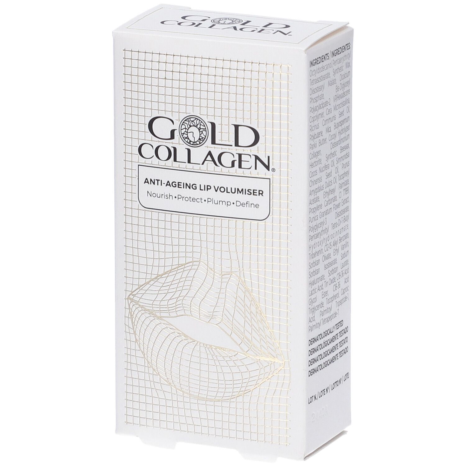 Witte doos met Gold Collagen logo en lippenillustratie. Tekst: Anti-Ageing Lip Volumiser.
