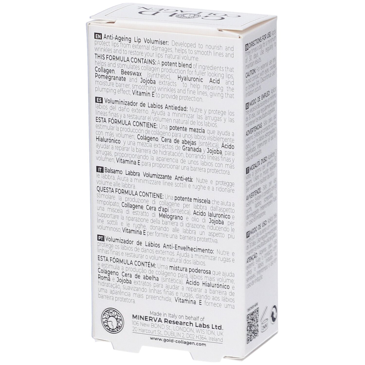 Witte doos, achterkant met meertalige tekst. Gold Collagen logo en ingrediënten.