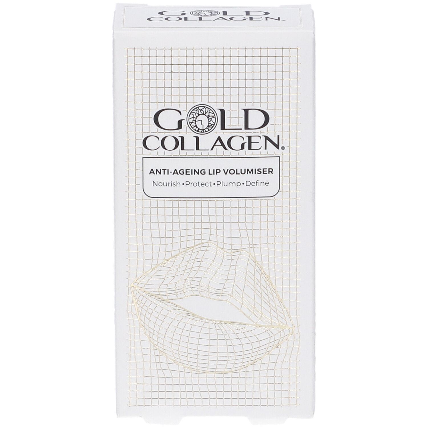 Witte doos met Gold Collagen logo en lippenillustratie. Tekst: Anti-Ageing Lip Volumiser.