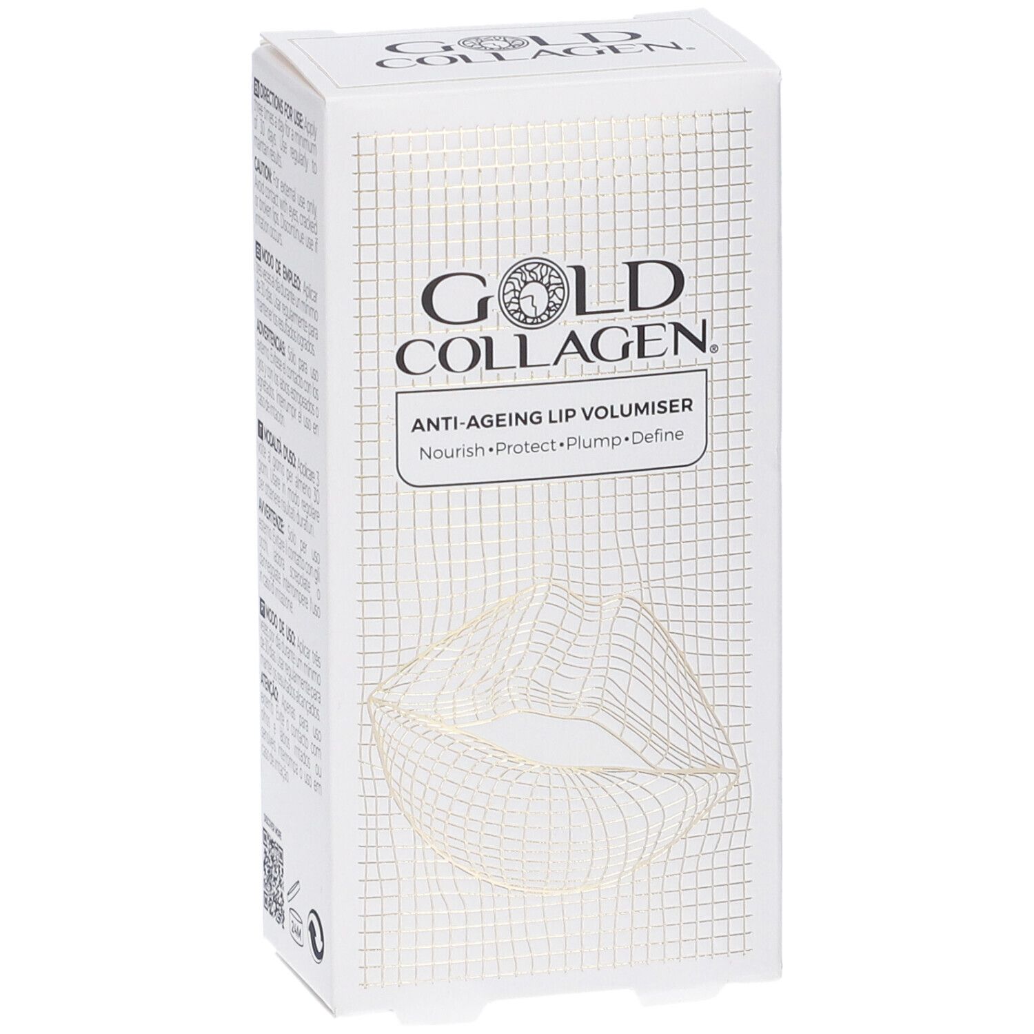 Witte doos met Gold Collagen logo en lippenillustratie. Tekst: Anti-Ageing Lip Volumiser.