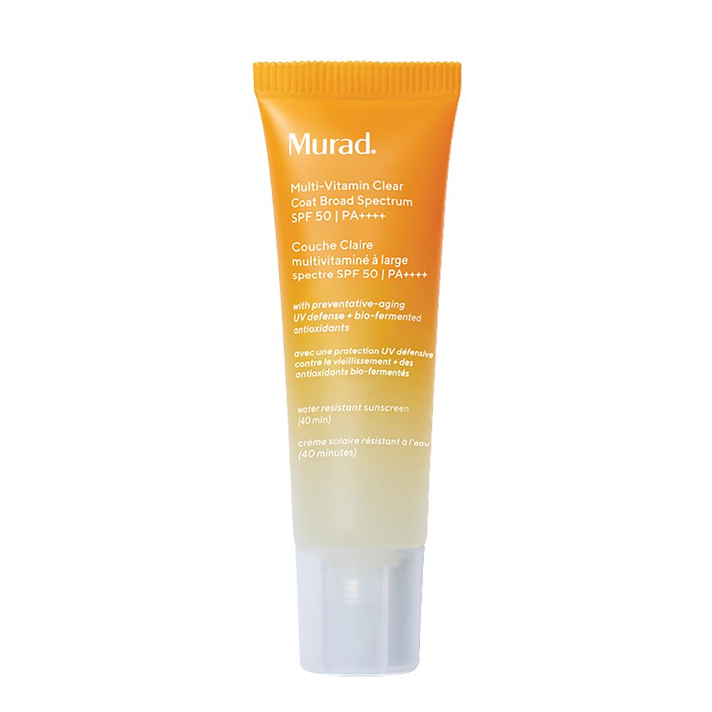 Oranje-gele tube met witte dop. Opschrift: Murad Multi-Vitamin Clear Coat Broad Spectrum SPF 50. Tekst in het Engels en Frans.