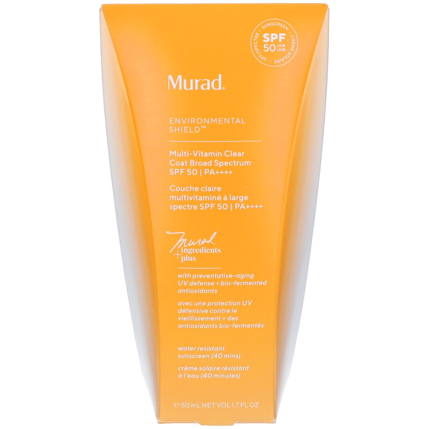 Oranje tube met witte dop. Opschrift: Murad Environmental Shield Multi-Vitamin Clear Coat Broad Spectrum SPF 50. Zegel.