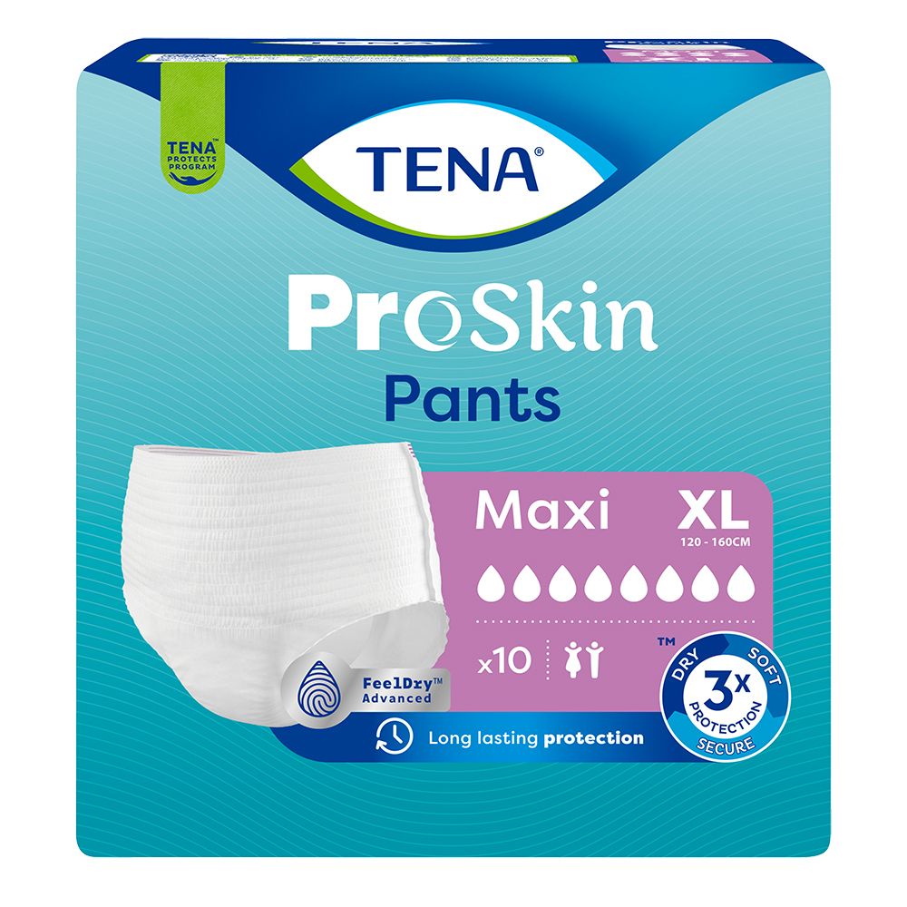 Paquet de TENA ProSkin Pants Maxi XL. Culotte blanche, emballage bleu avec informations et logo.