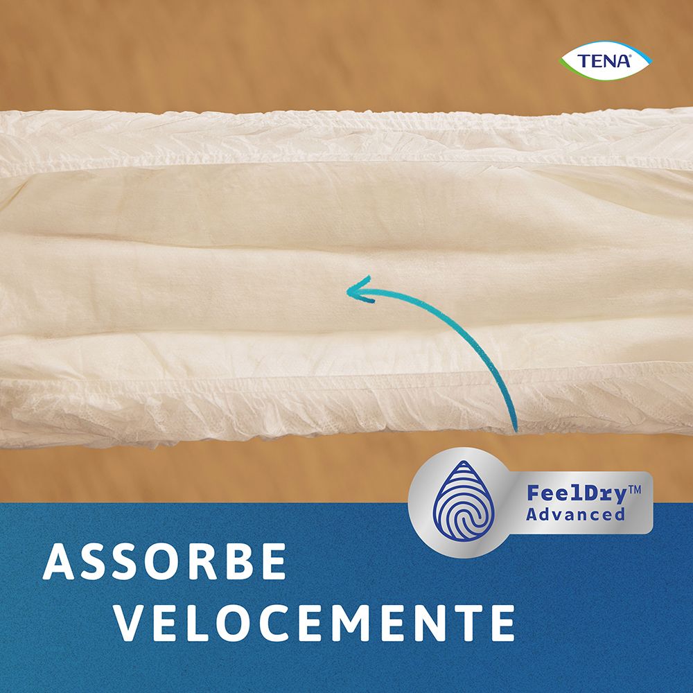 Détail du TENA ProSkin Pants. Structure multicouche avec technologie FeelDry Advanced. Texte: ASSORBE VELOCEMENTE.